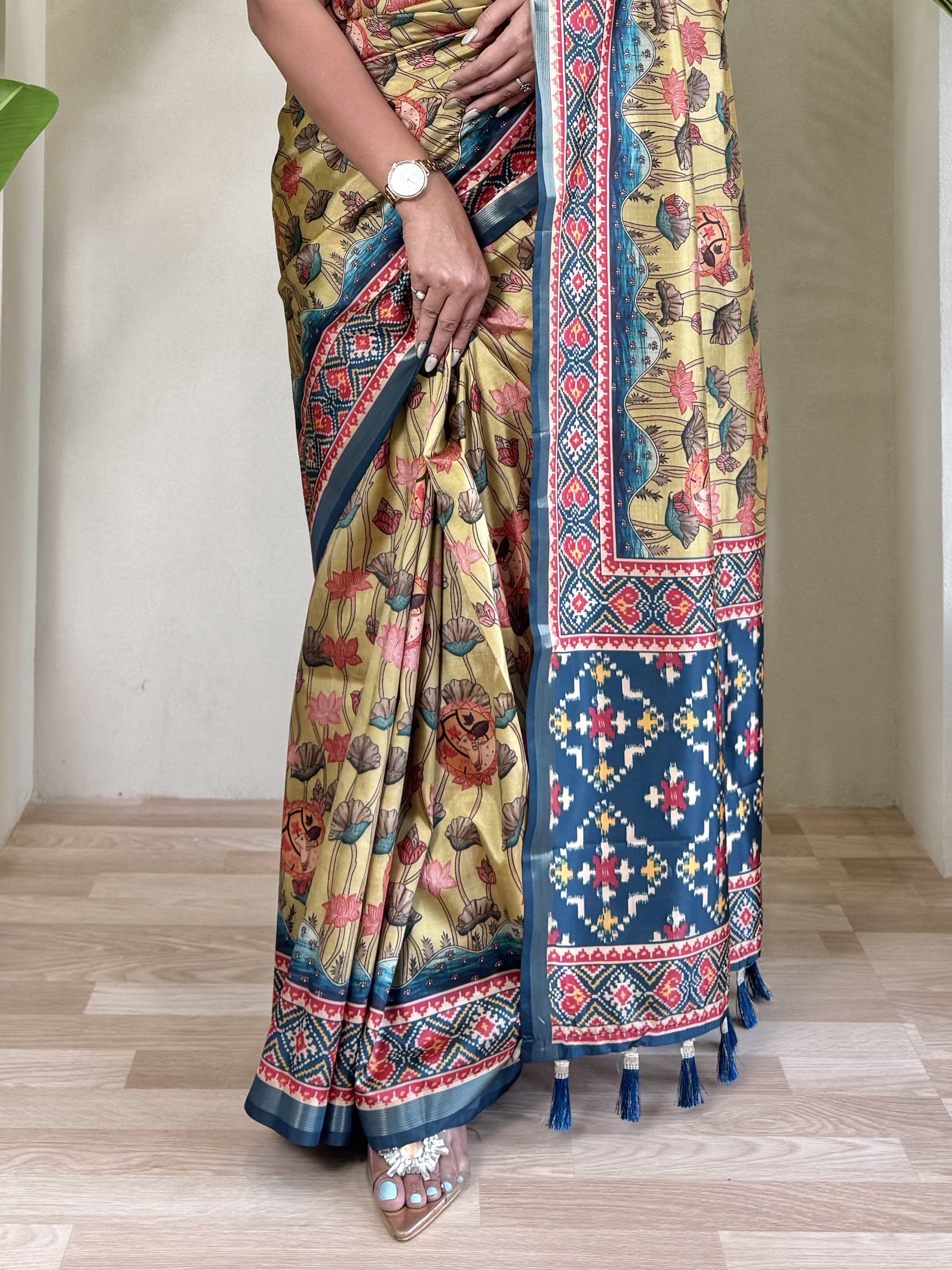 Gorgeous Yellow Pichwai Printed Viscose Silk Casual Wear Saree