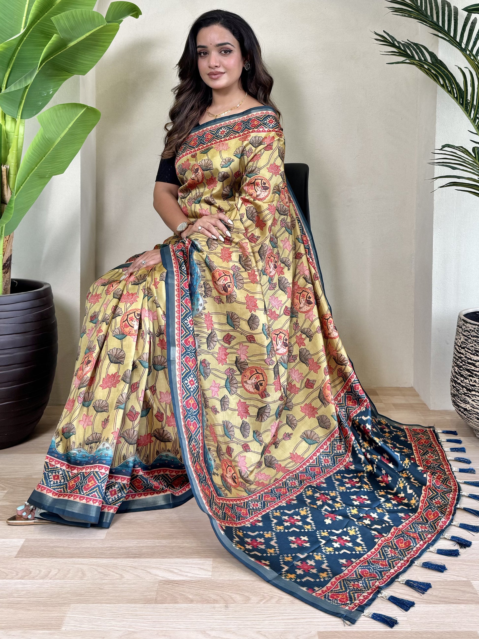 Gorgeous Yellow Pichwai Printed Viscose Silk Casual Wear Saree