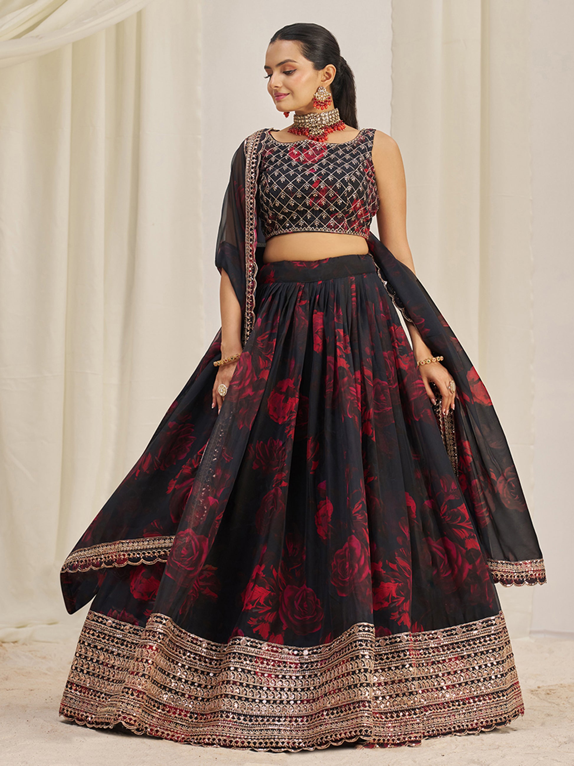 Alluring Black Sequins Organza Lehenga Choli With Dupatta