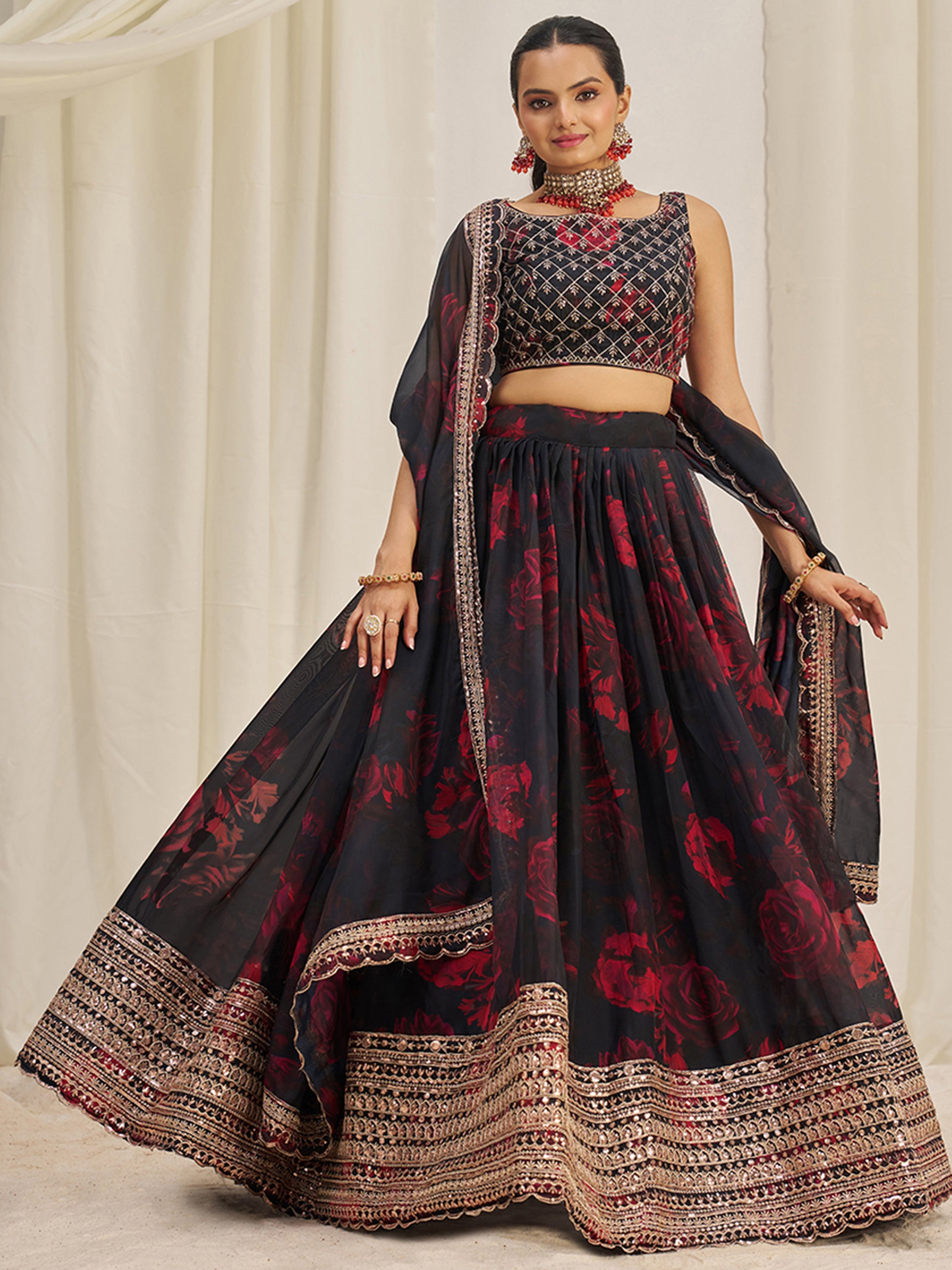 Alluring Black Sequins Organza Lehenga Choli With Dupatta
