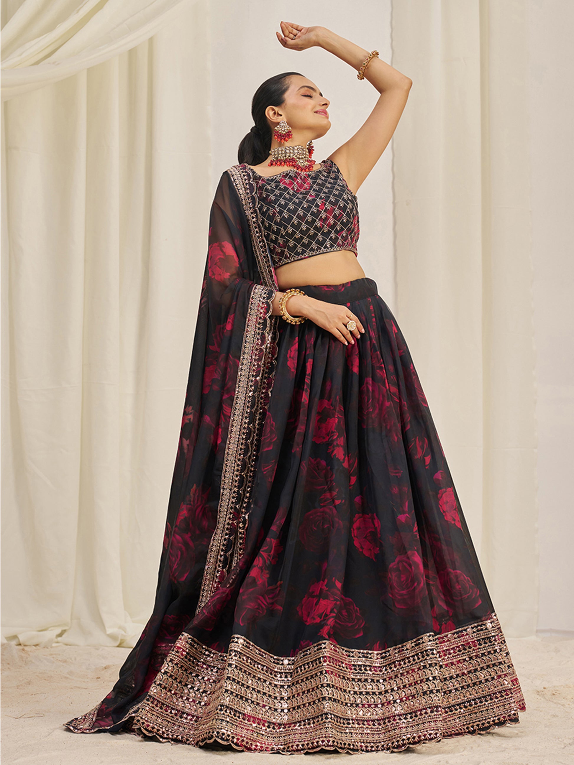Alluring Black Sequins Organza Lehenga Choli With Dupatta