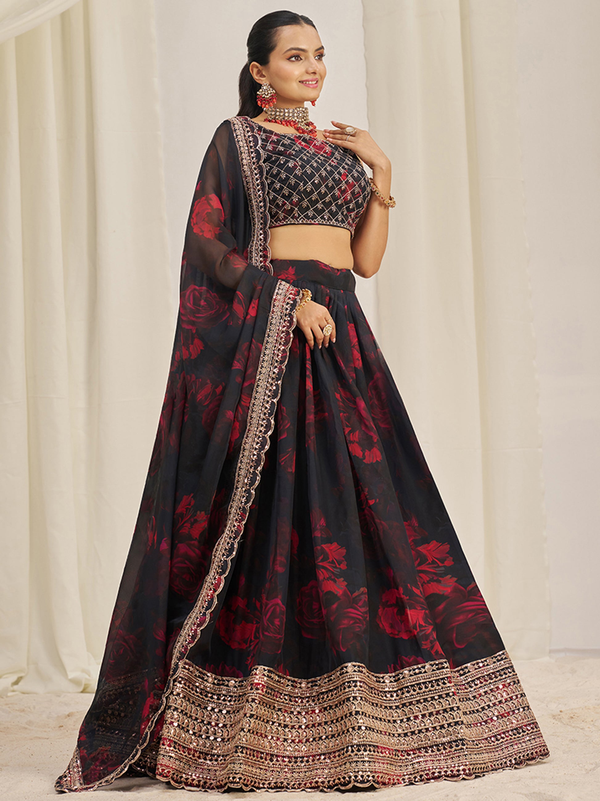 Alluring Black Sequins Organza Lehenga Choli With Dupatta