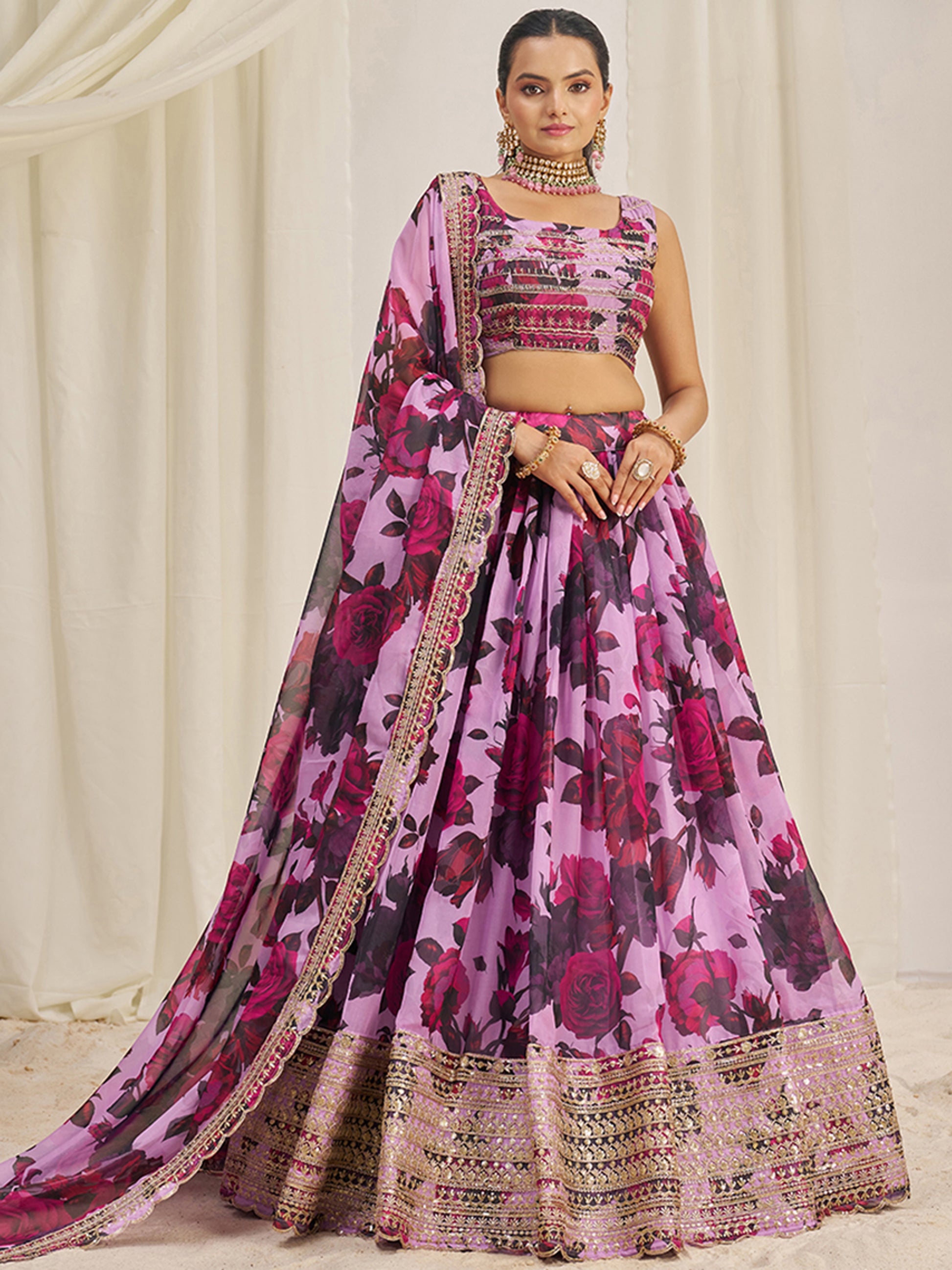 Beautiful Baby Pink Printed Organza Festival Wear Lehenga Choli