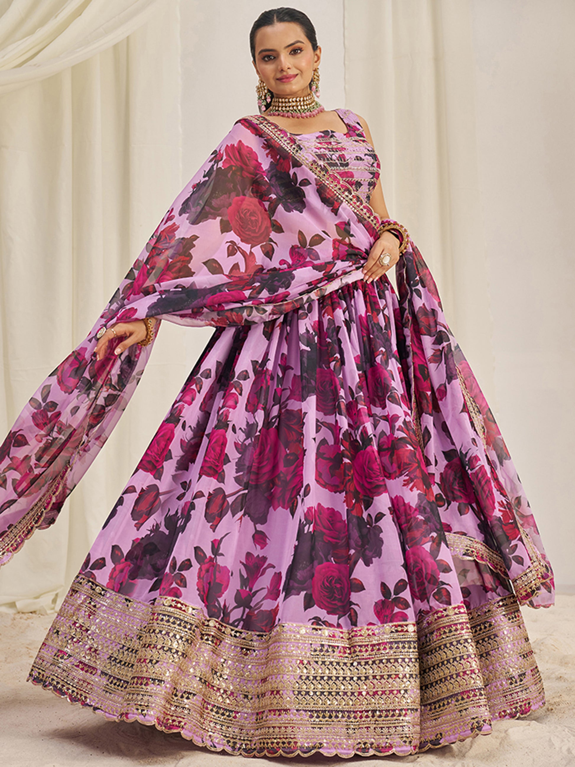Beautiful Baby Pink Printed Organza Festival Wear Lehenga Choli