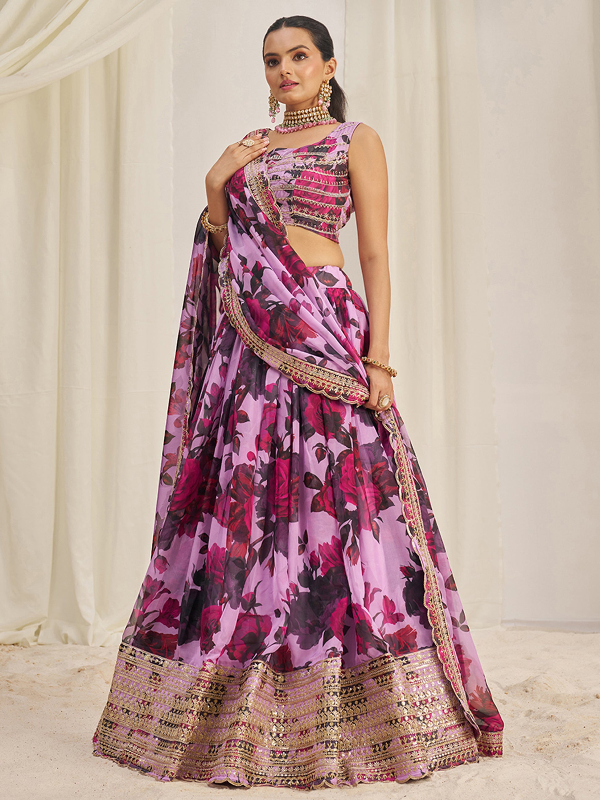 Beautiful Baby Pink Printed Organza Festival Wear Lehenga Choli