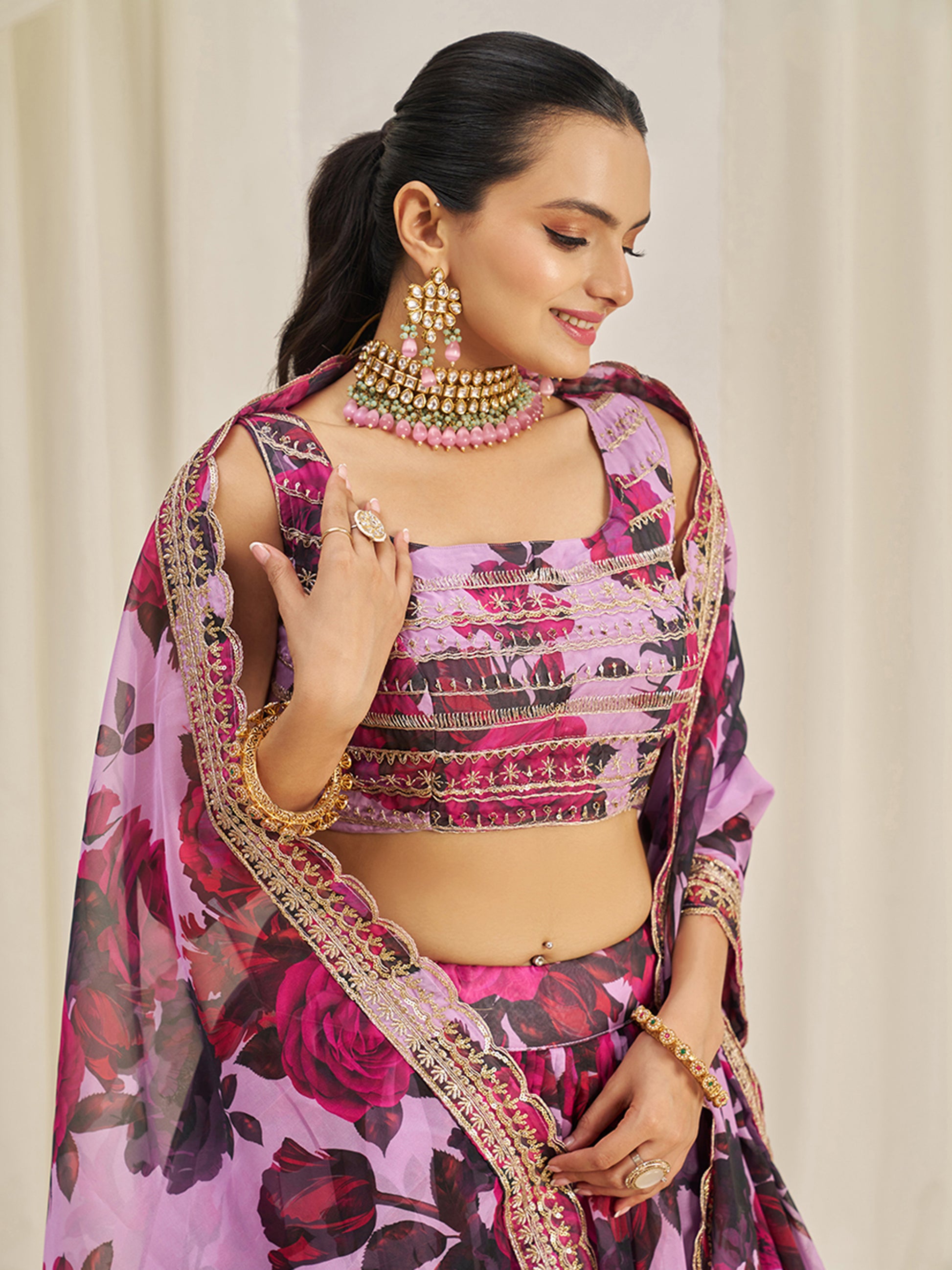 Beautiful Baby Pink Printed Organza Festival Wear Lehenga Choli