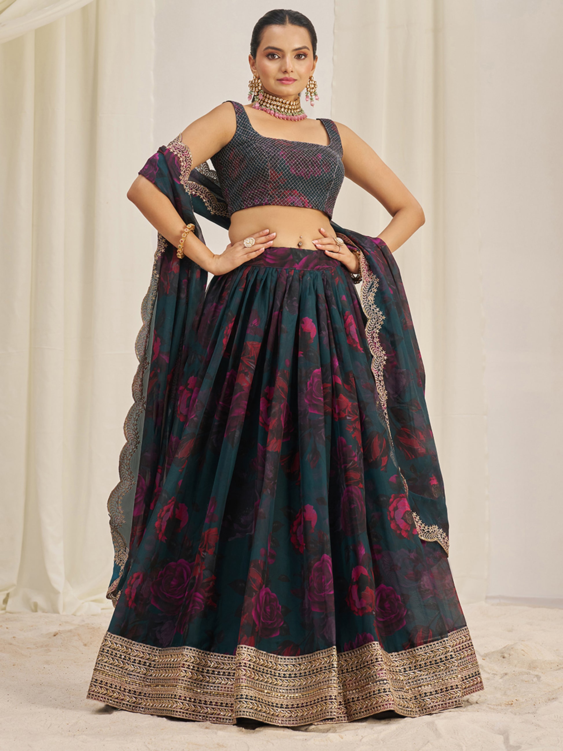 Captivating Teal Green Printed Organza Event Wear Lehenga Choli