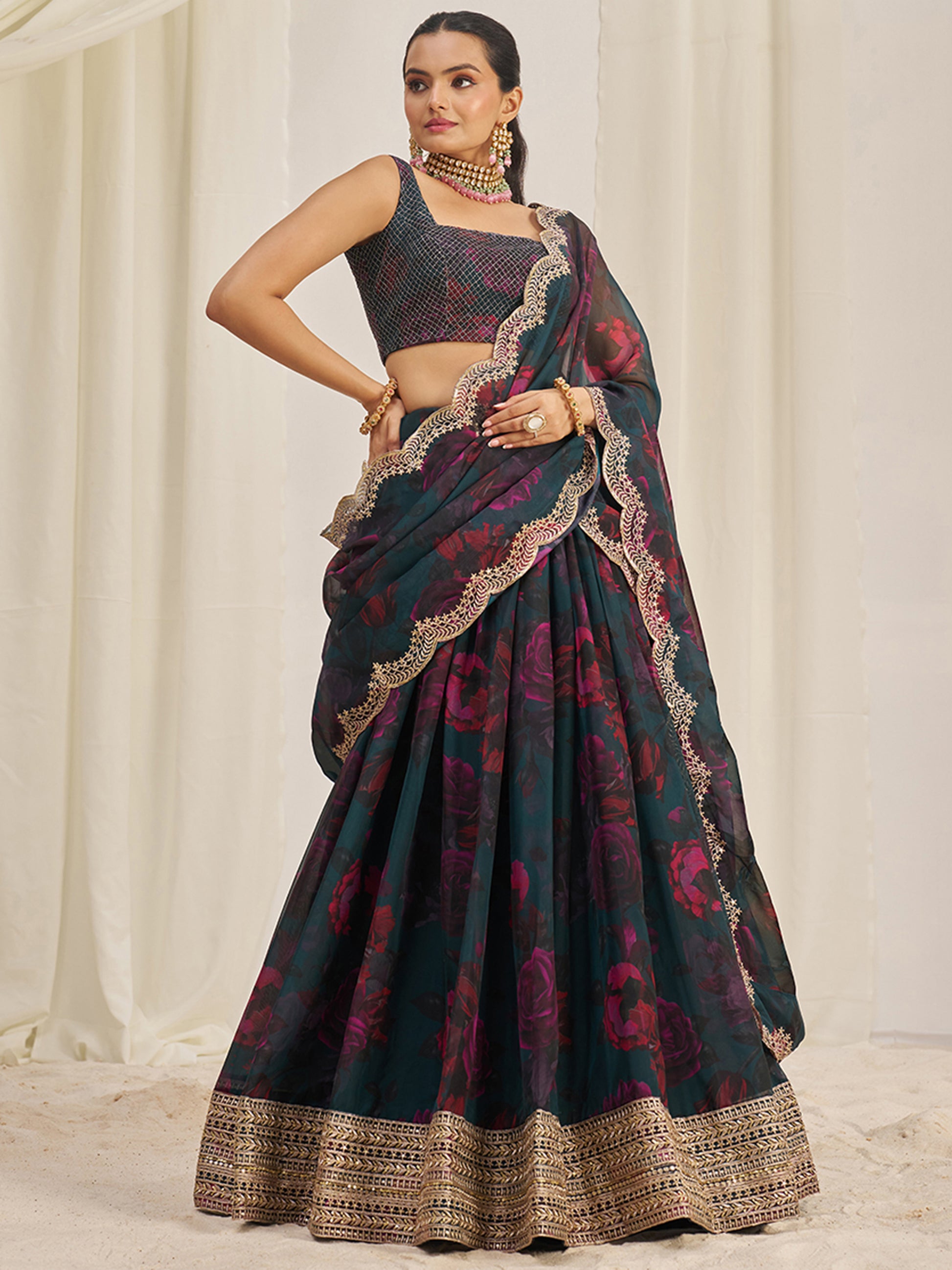 Captivating Teal Green Printed Organza Event Wear Lehenga Choli