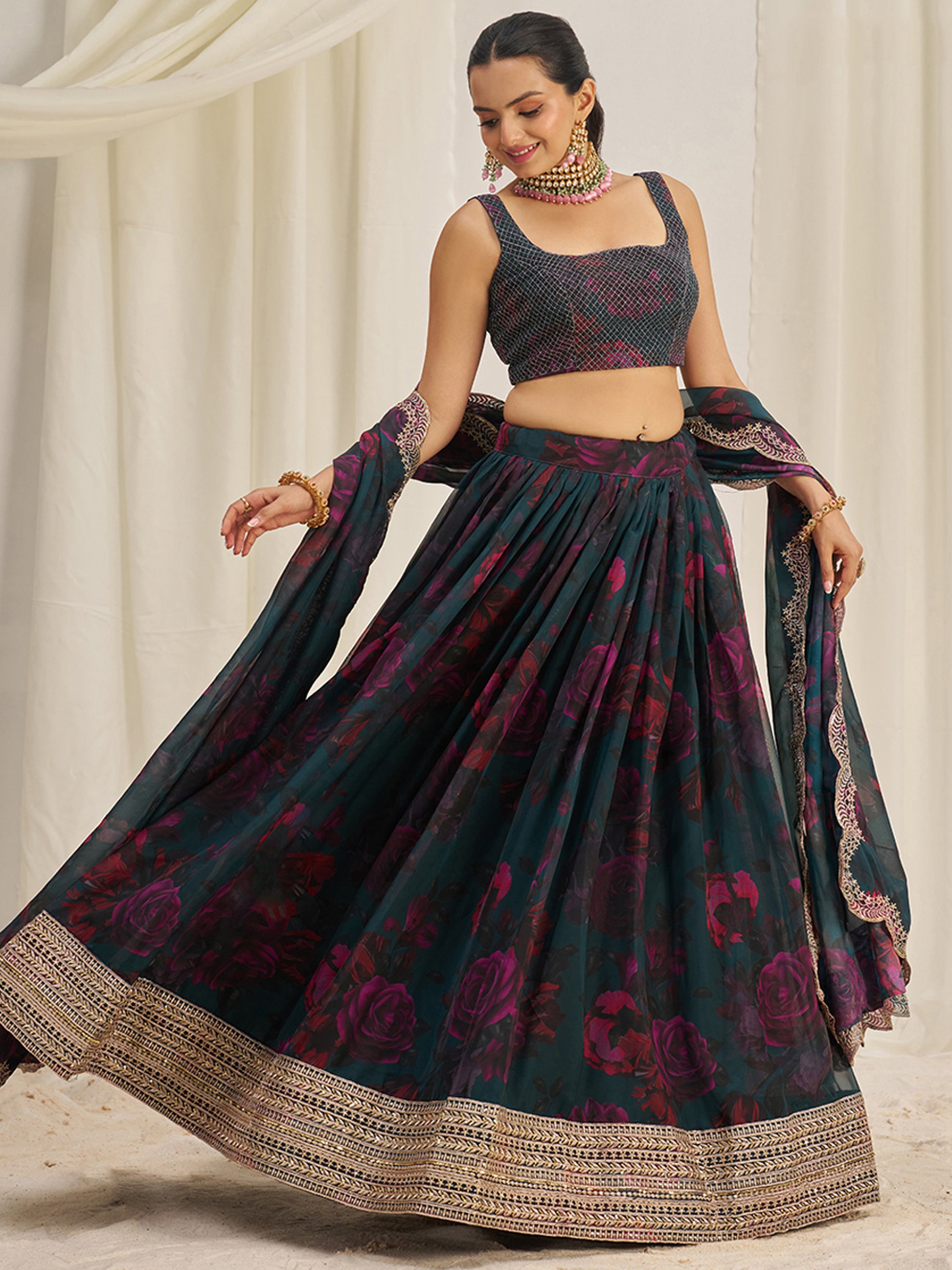 Captivating Teal Green Printed Organza Event Wear Lehenga Choli