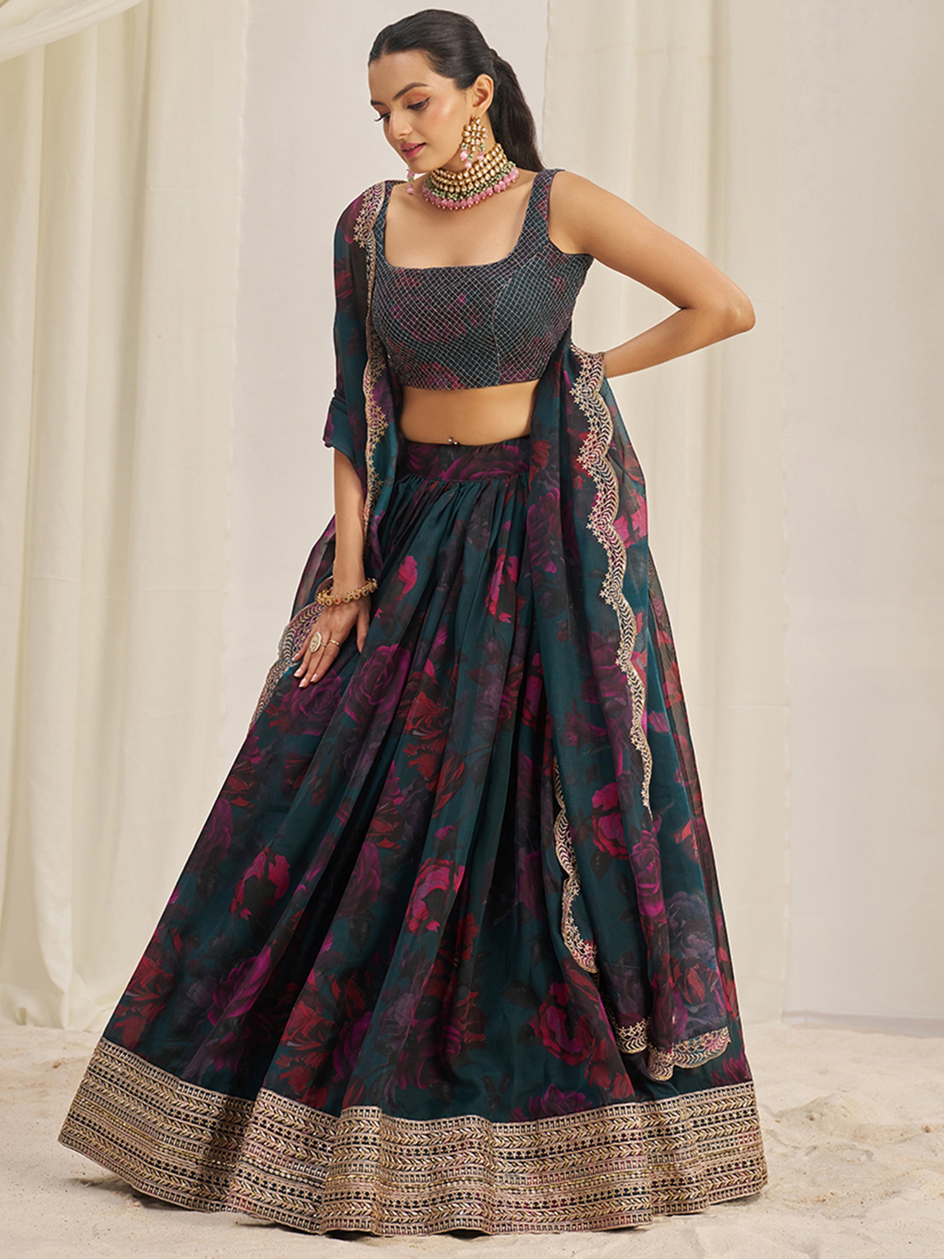 Captivating Teal Green Printed Organza Event Wear Lehenga Choli