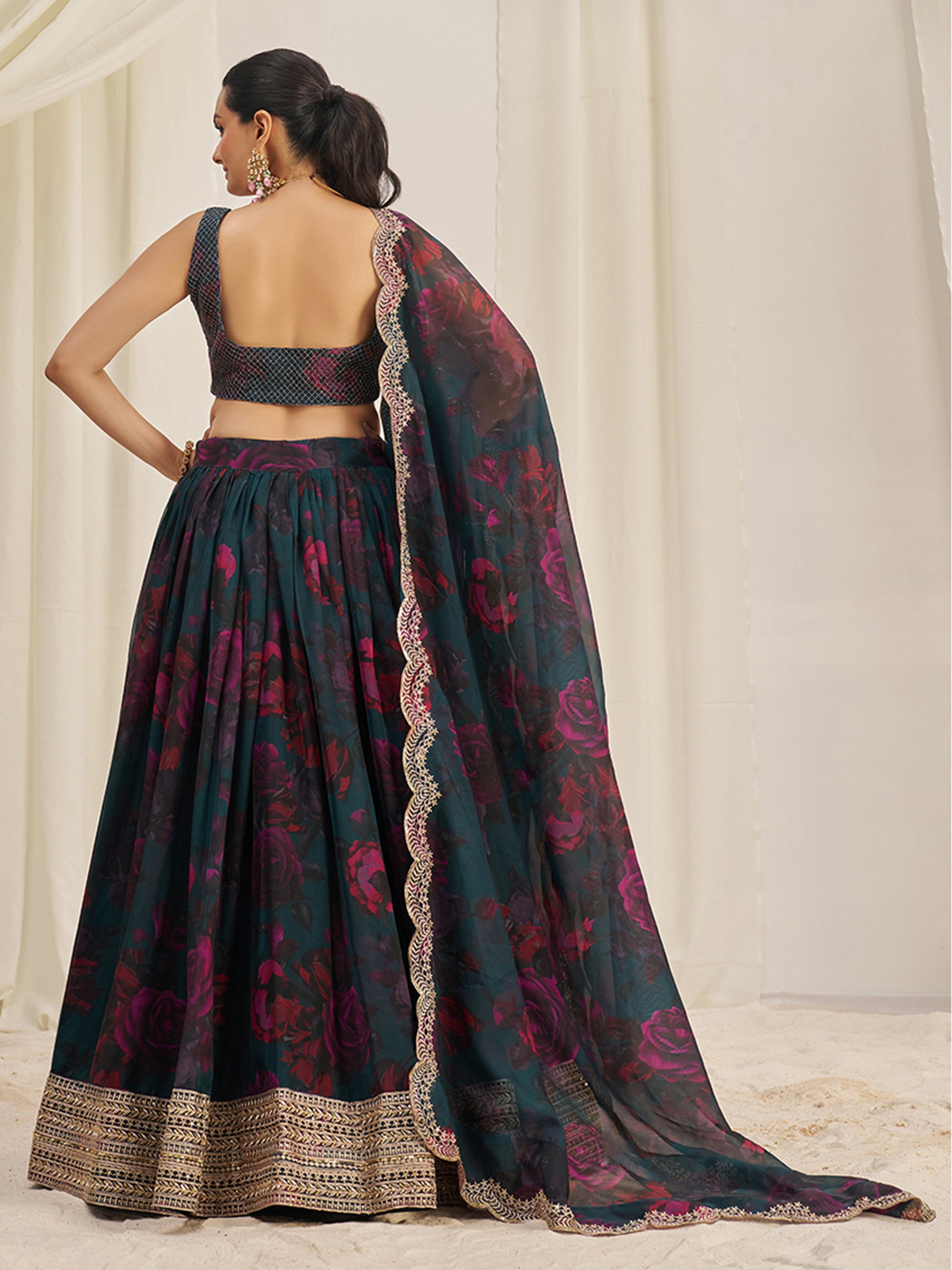 Captivating Teal Green Printed Organza Event Wear Lehenga Choli