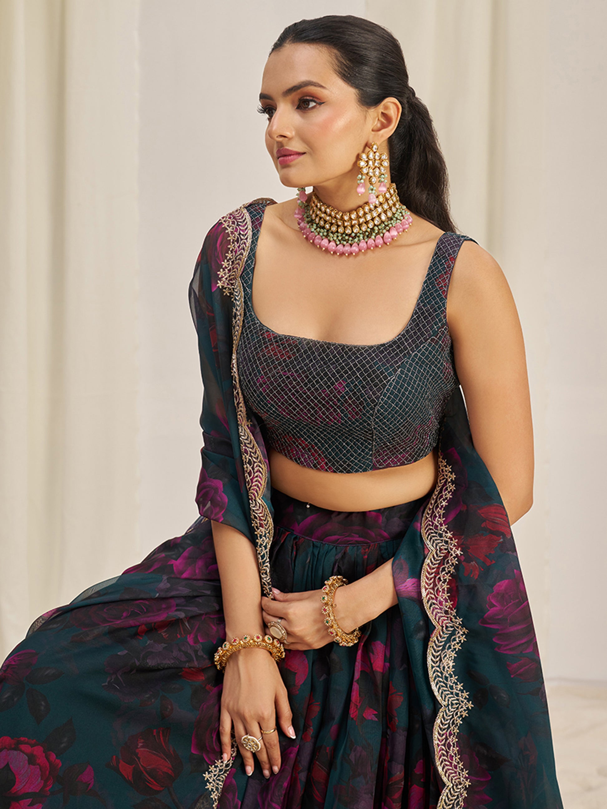 Captivating Teal Green Printed Organza Event Wear Lehenga Choli