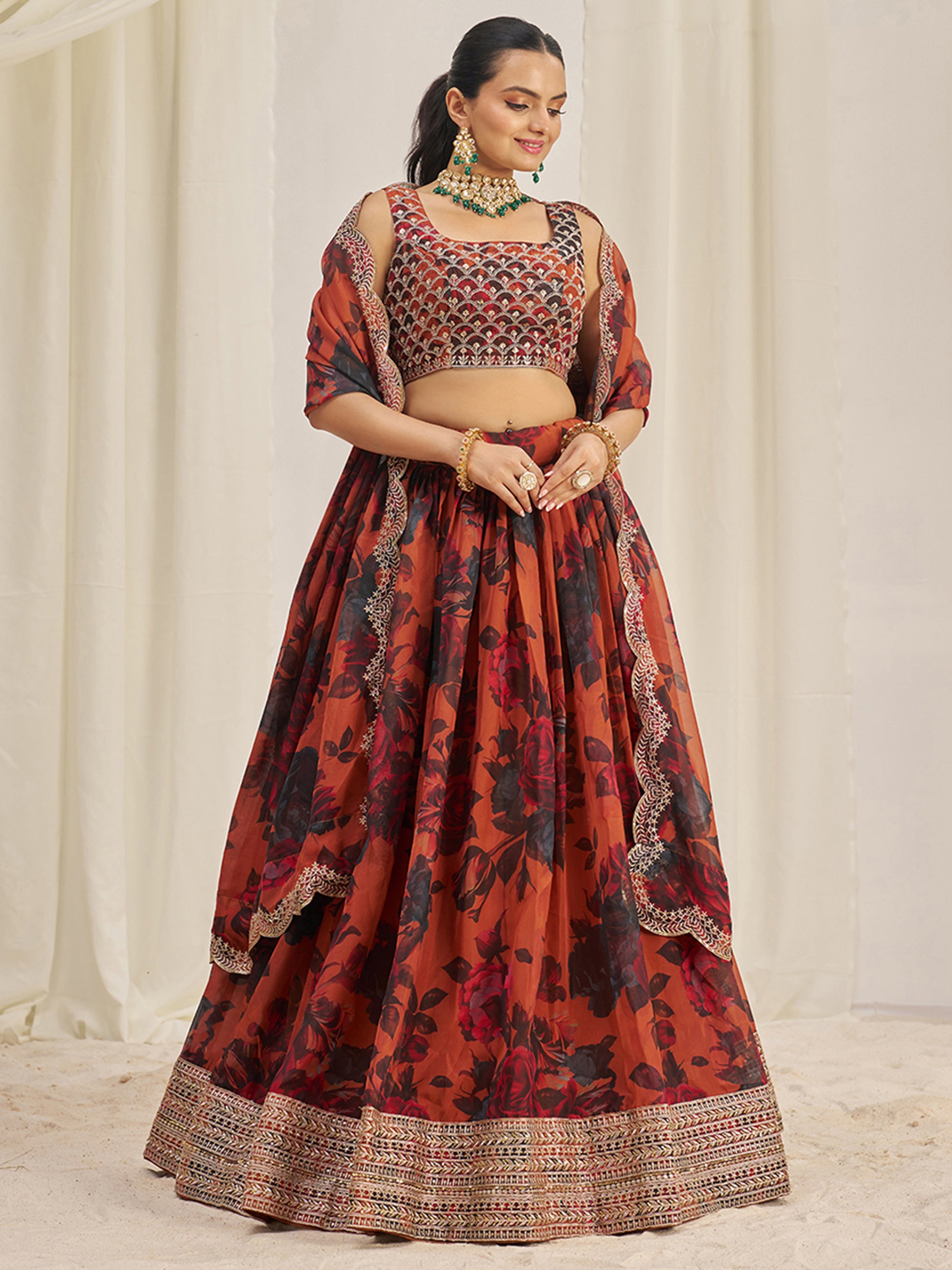Pretty Orange Sequins Organza Engagement Wear Lehenga Choli