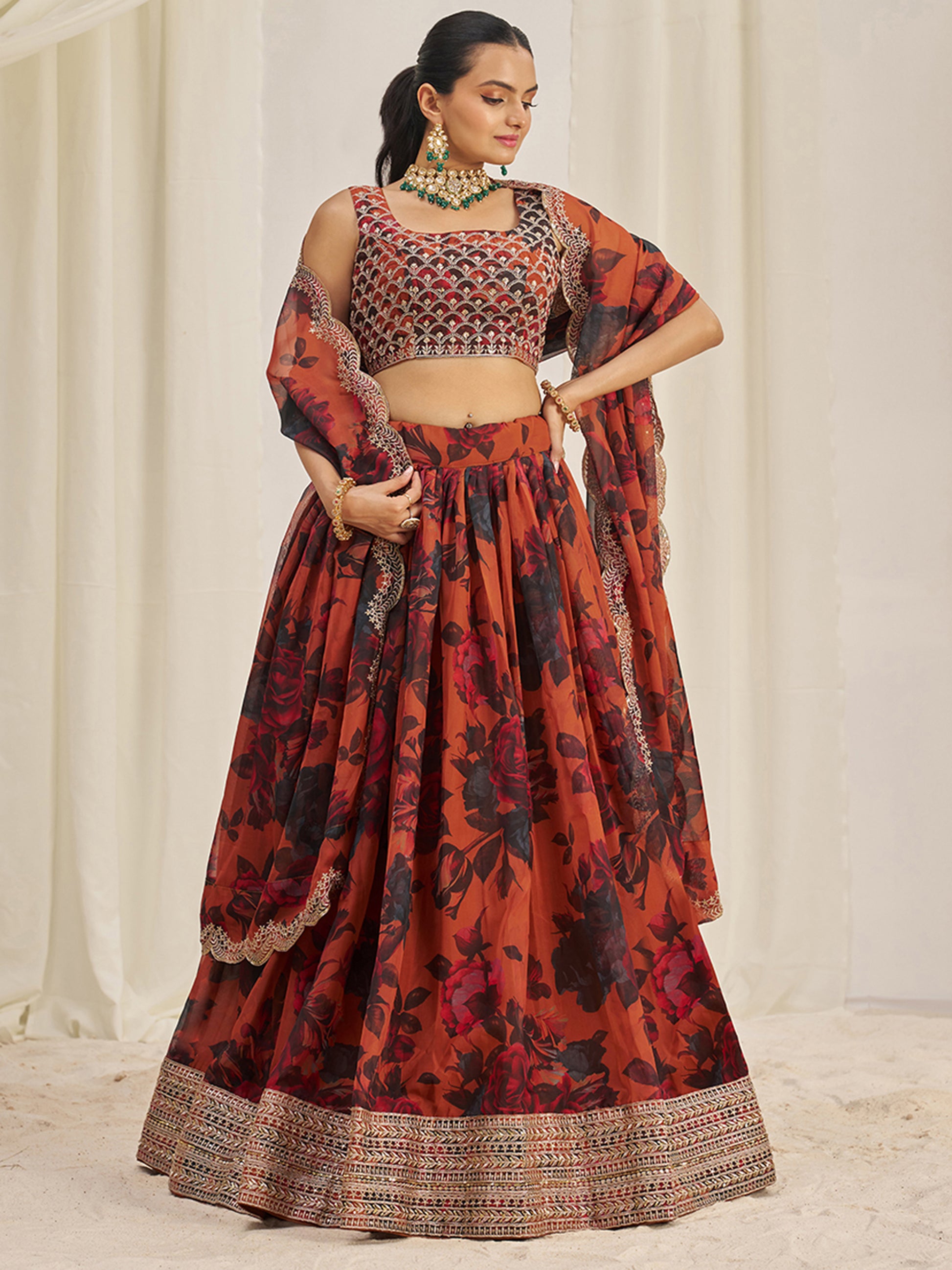 Pretty Orange Sequins Organza Engagement Wear Lehenga Choli