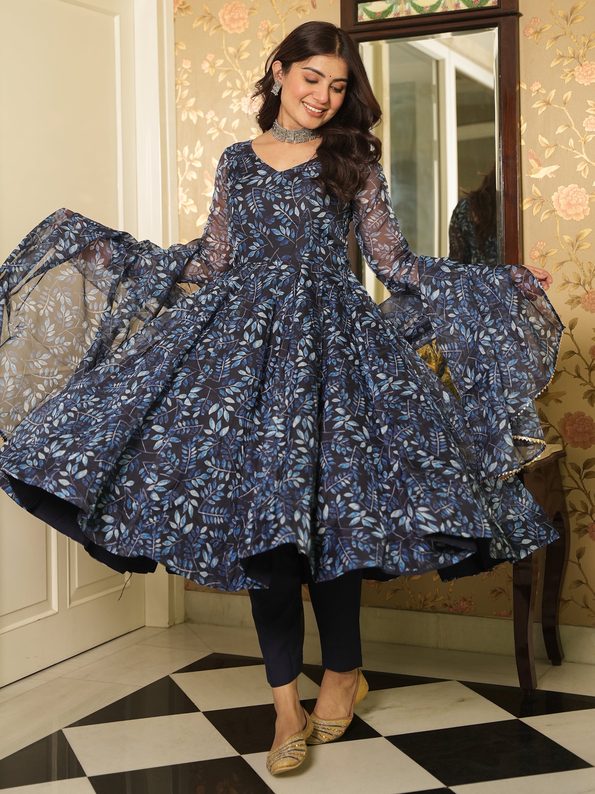 Mesmerizing Navy Blue Printed Organza Readymade Anarkali Suit Pant