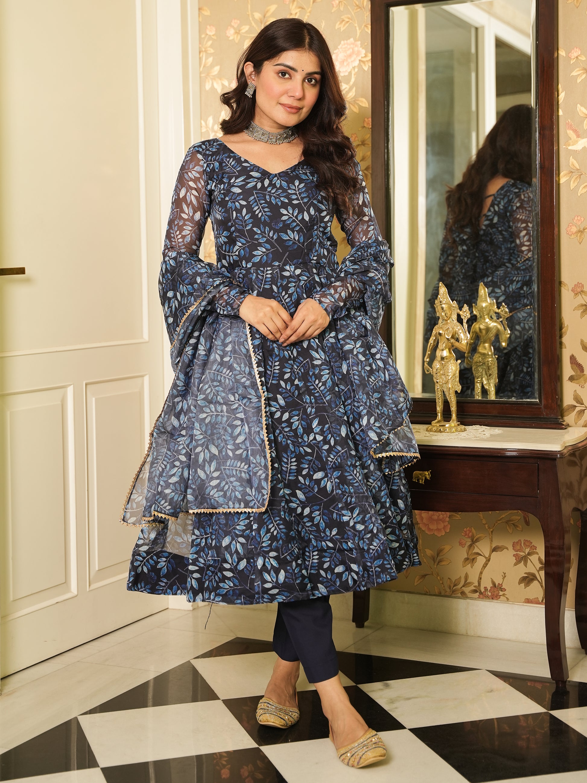 Mesmerizing Navy Blue Printed Organza Readymade Anarkali Suit Pant