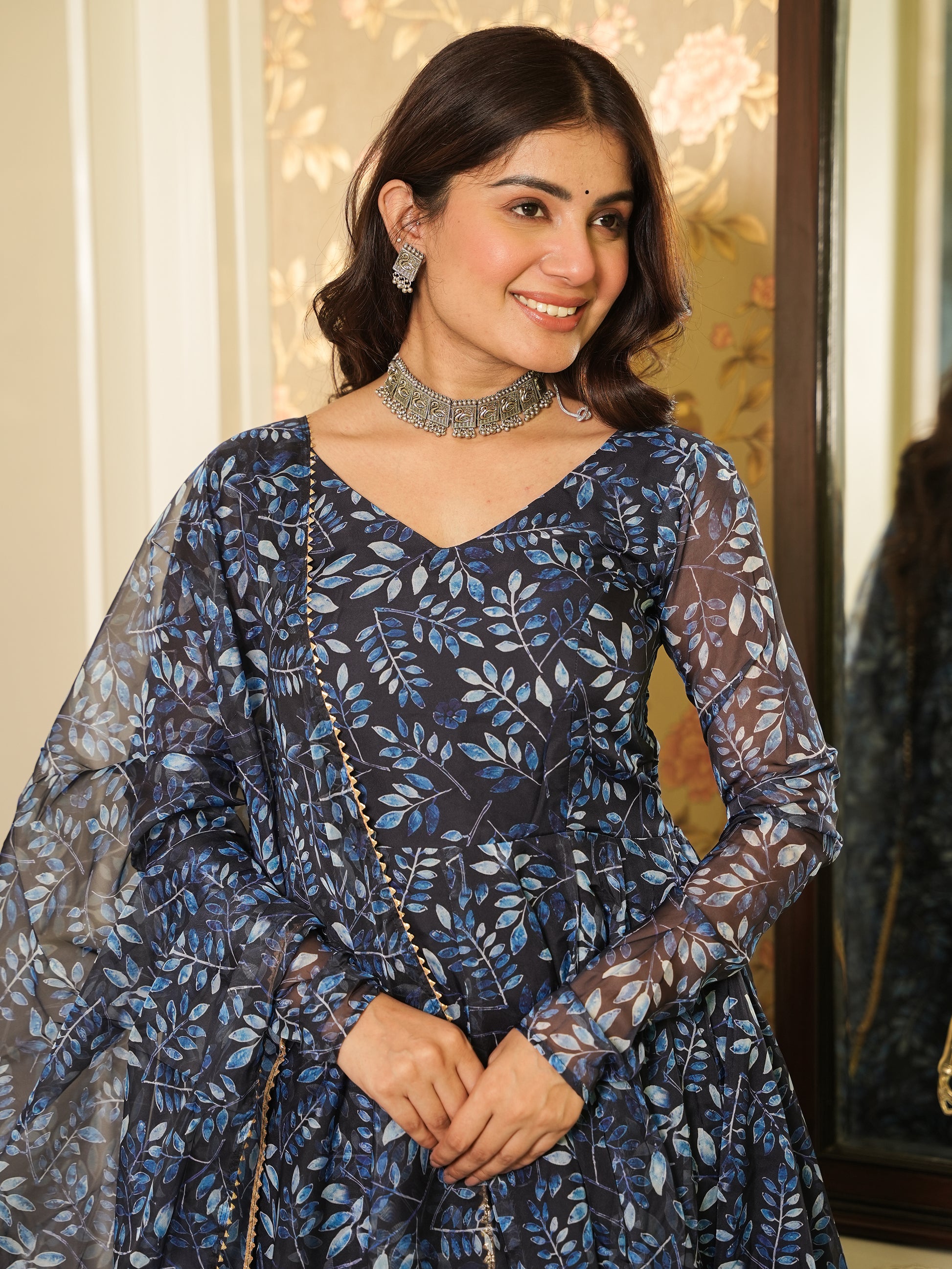 Mesmerizing Navy Blue Printed Organza Readymade Anarkali Suit Pant