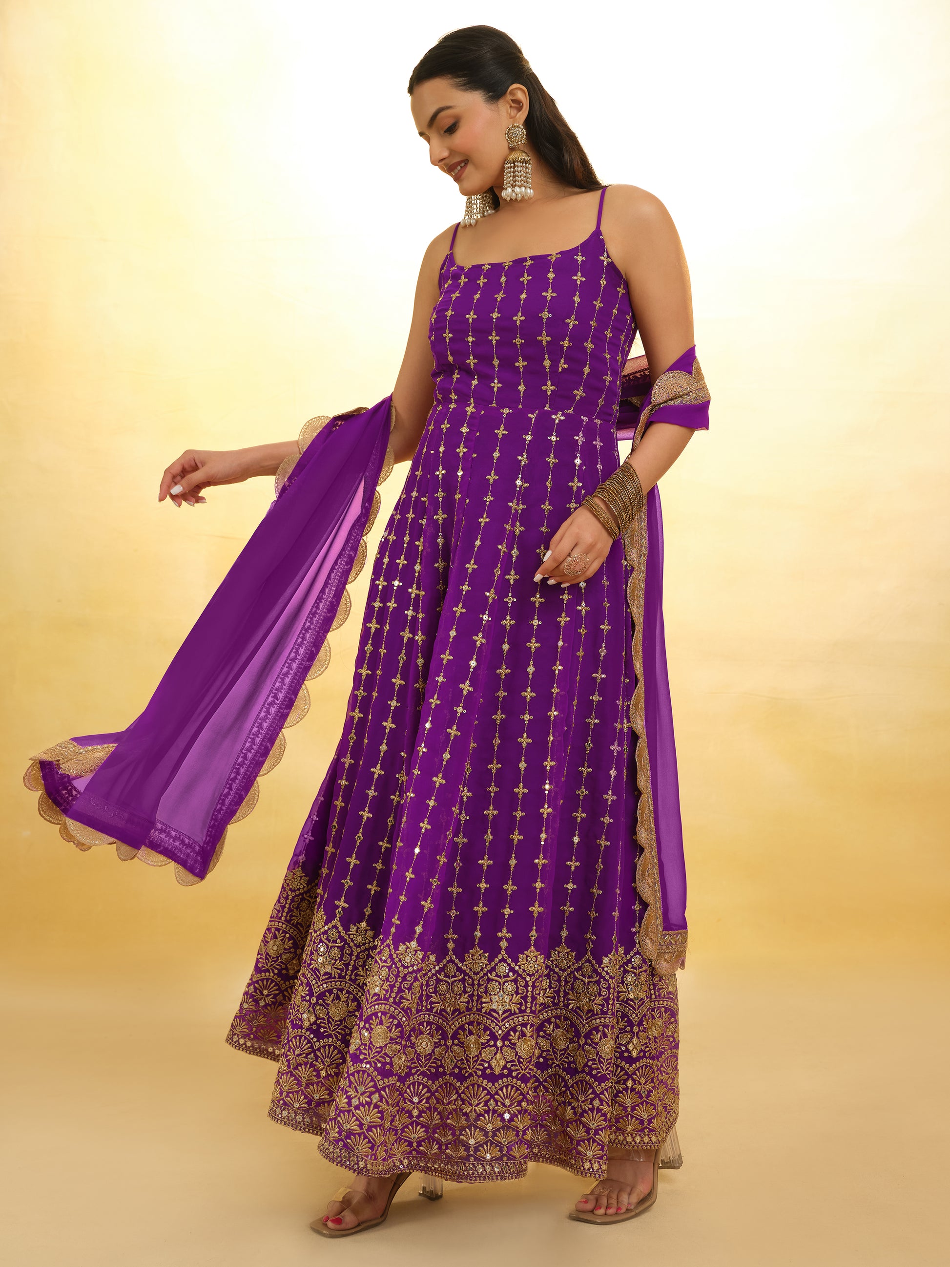 Captivating Purple Embroidered Georgette Wedding Wear Anarkali Suit