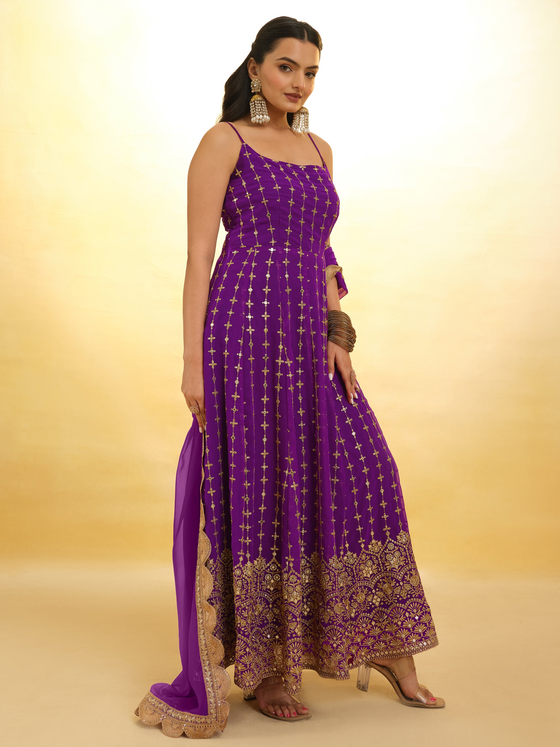 Captivating Purple Embroidered Georgette Wedding Wear Anarkali Suit