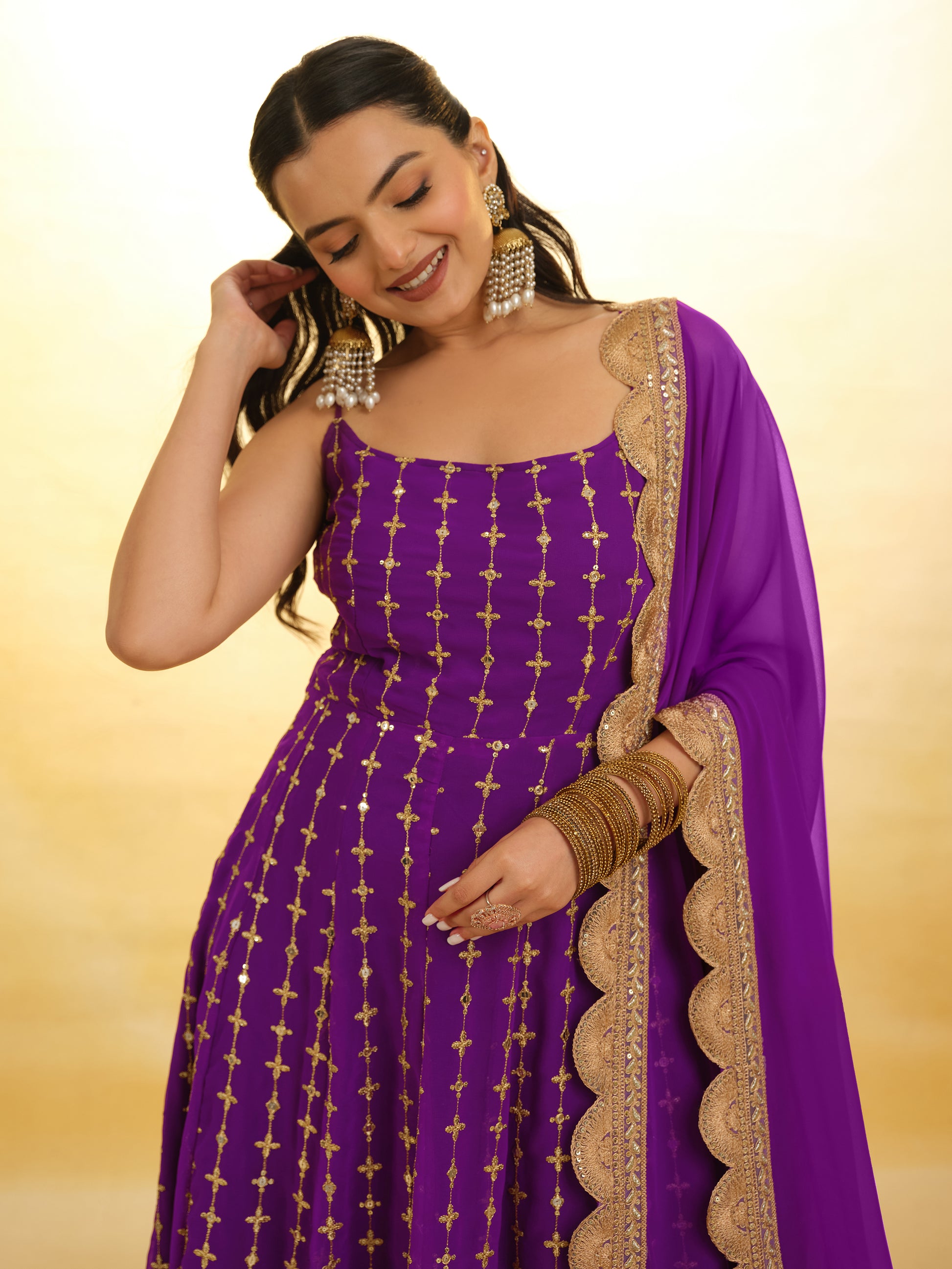 Captivating Purple Embroidered Georgette Wedding Wear Anarkali Suit