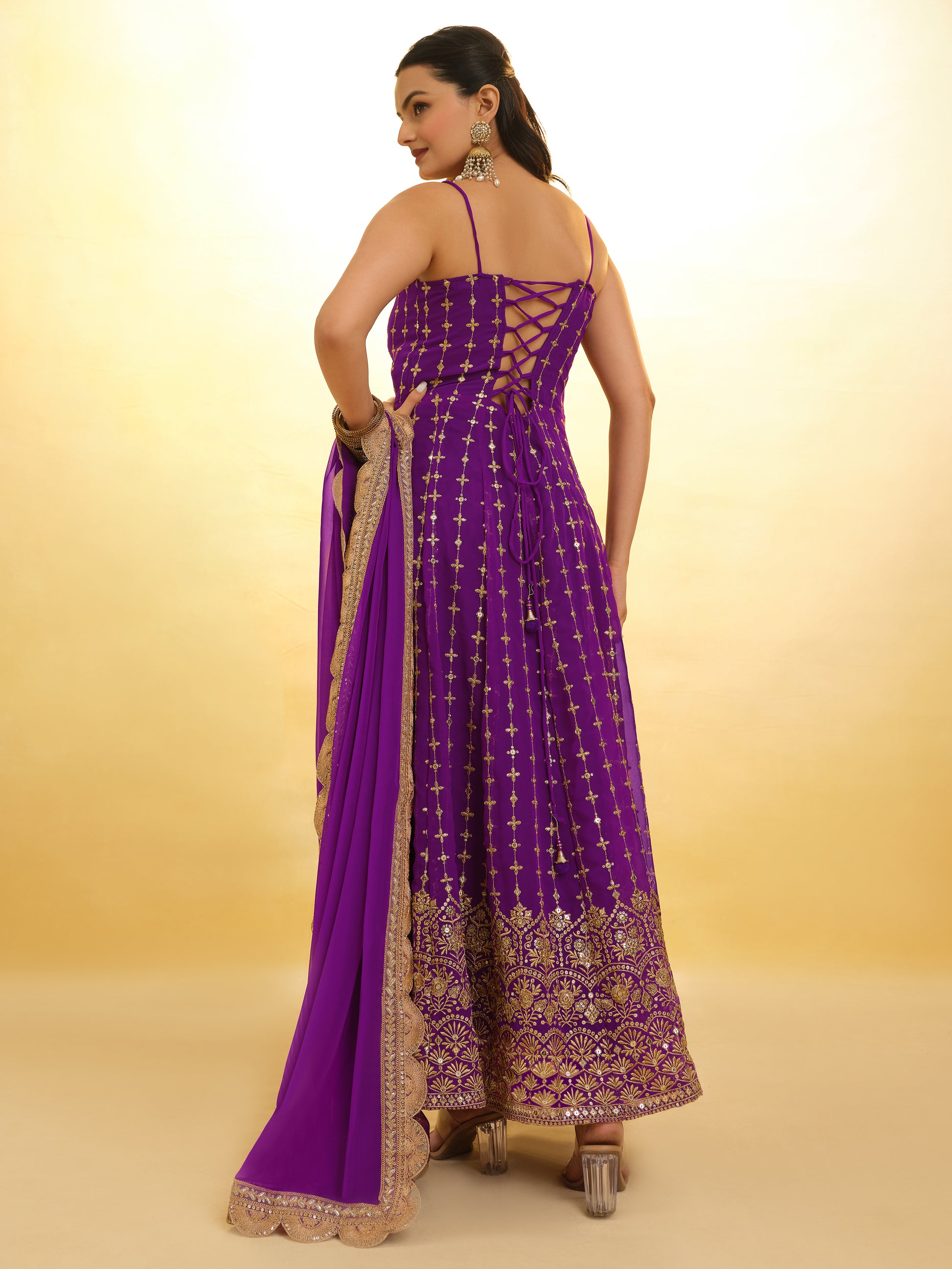 Captivating Purple Embroidered Georgette Wedding Wear Anarkali Suit
