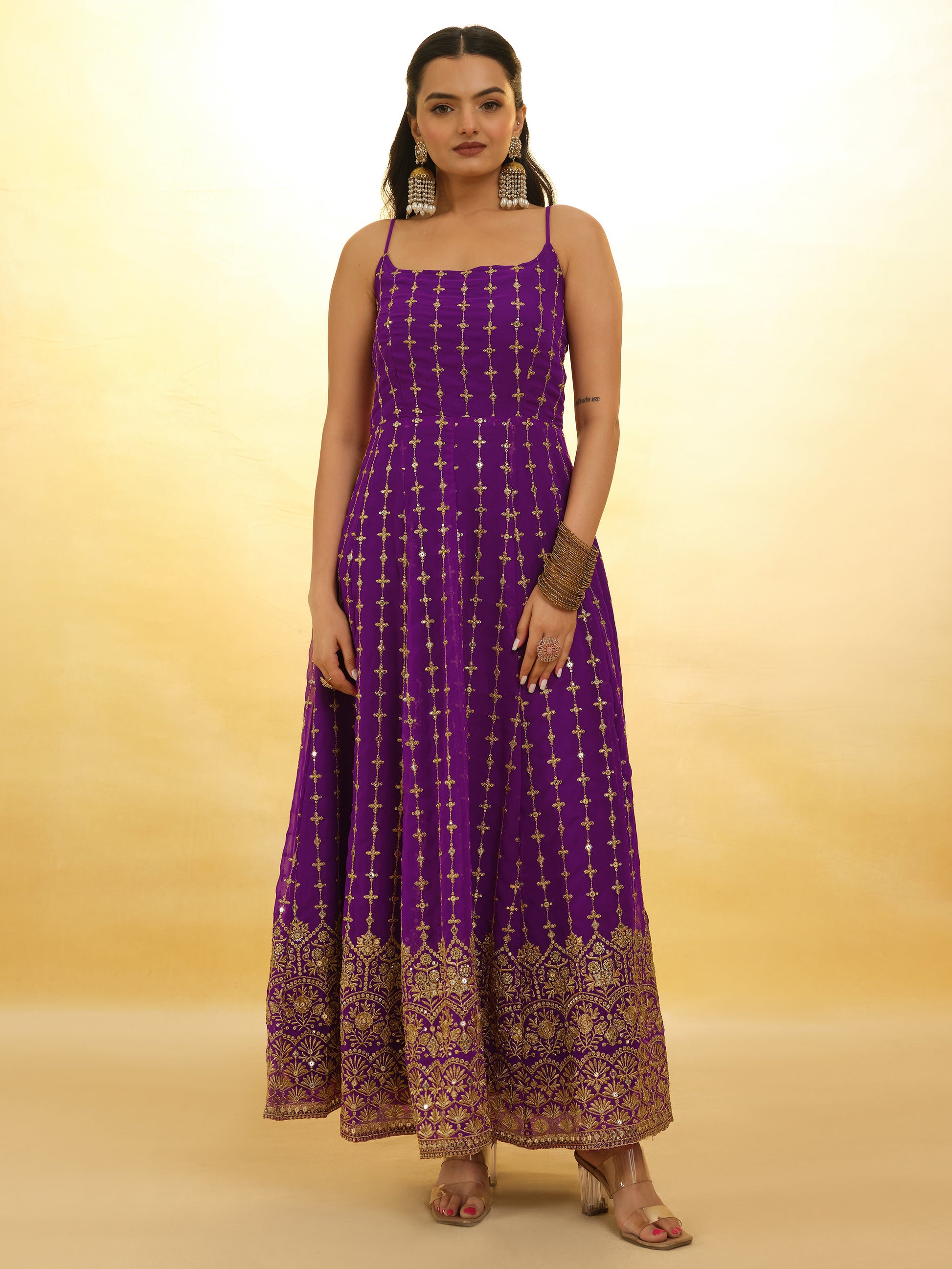 Captivating Purple Embroidered Georgette Wedding Wear Anarkali Suit