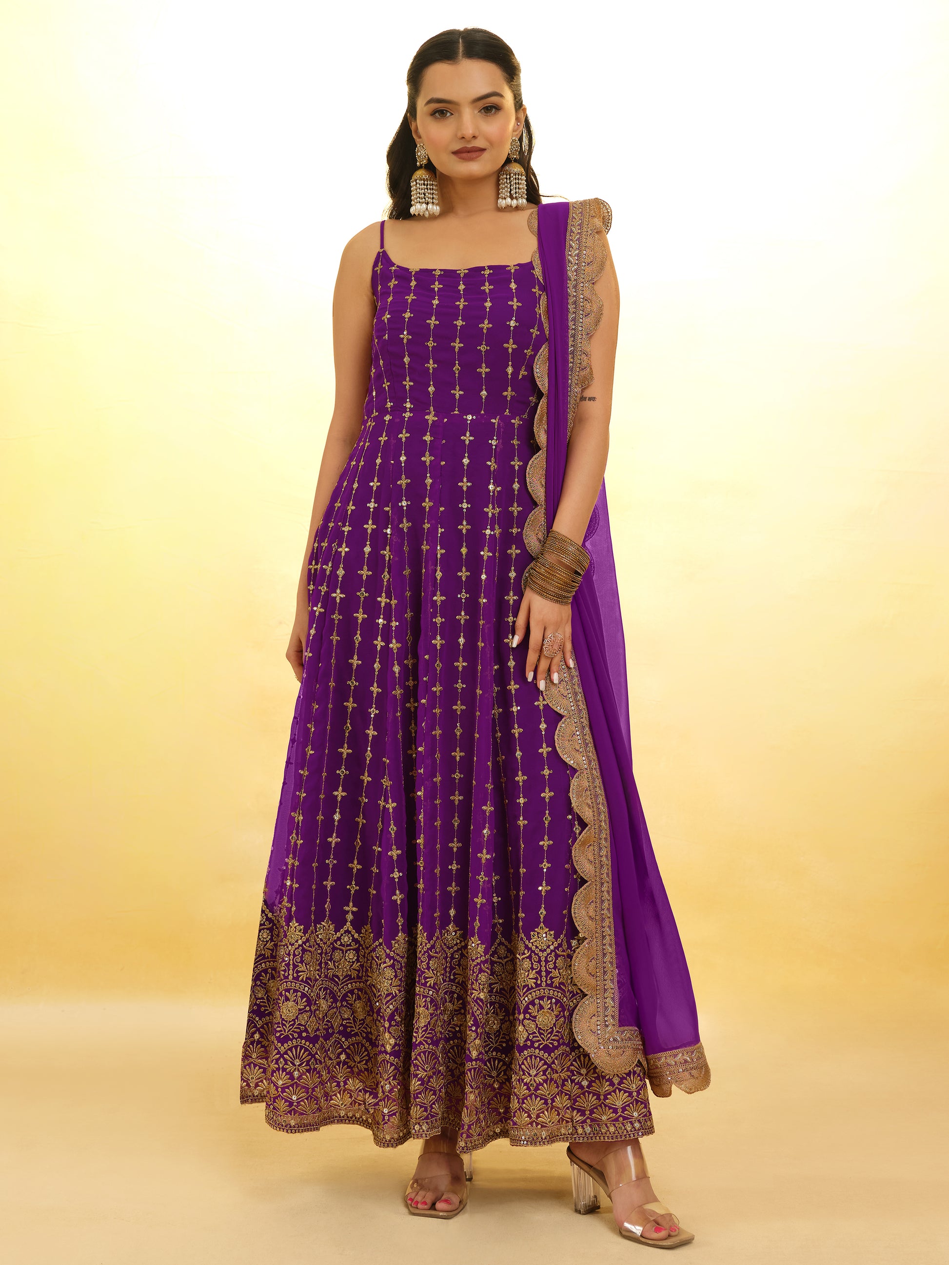 Captivating Purple Embroidered Georgette Wedding Wear Anarkali Suit