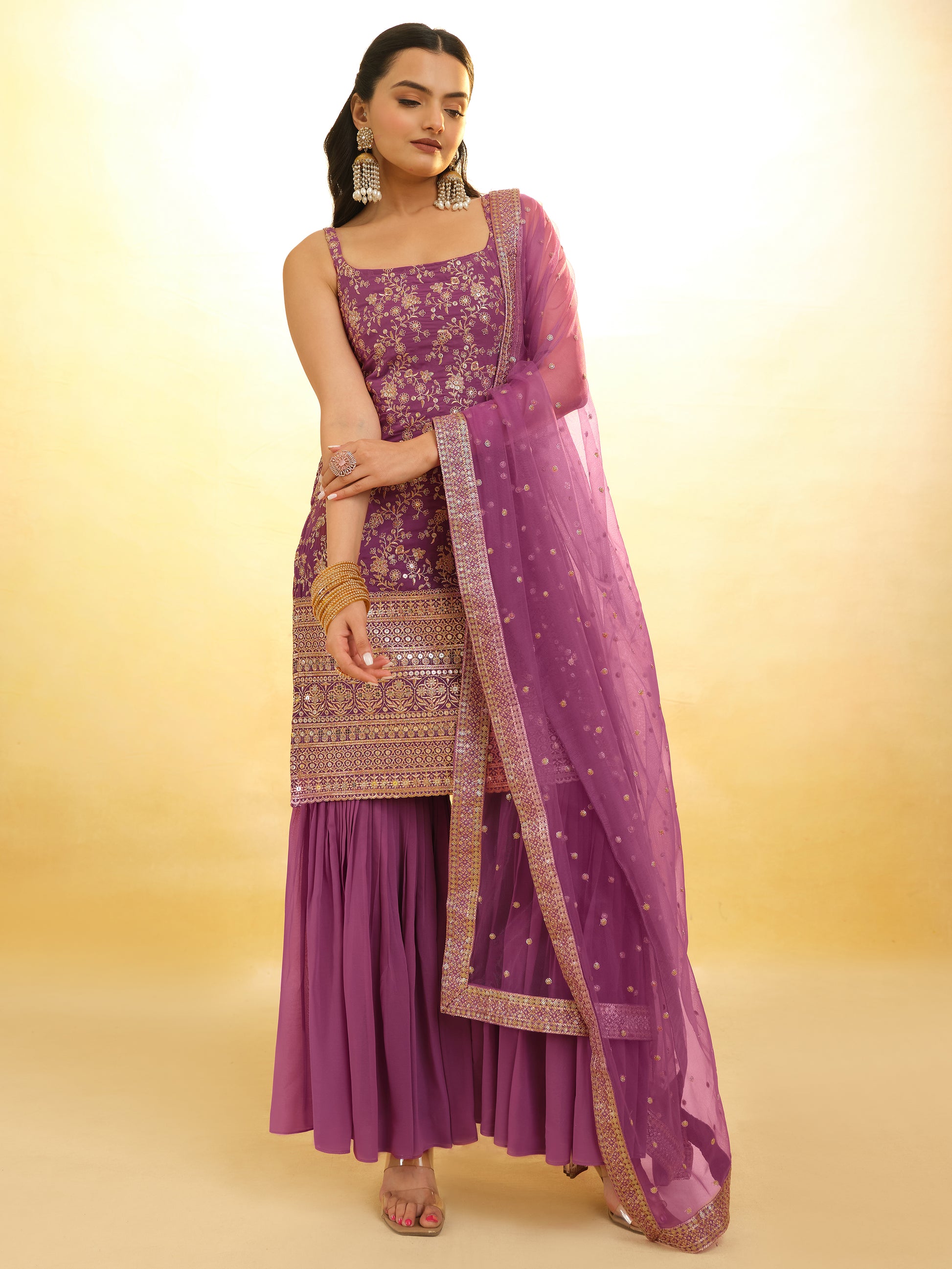 Glamorous Purple Embroidered Georgette Wedding Sharara Suit