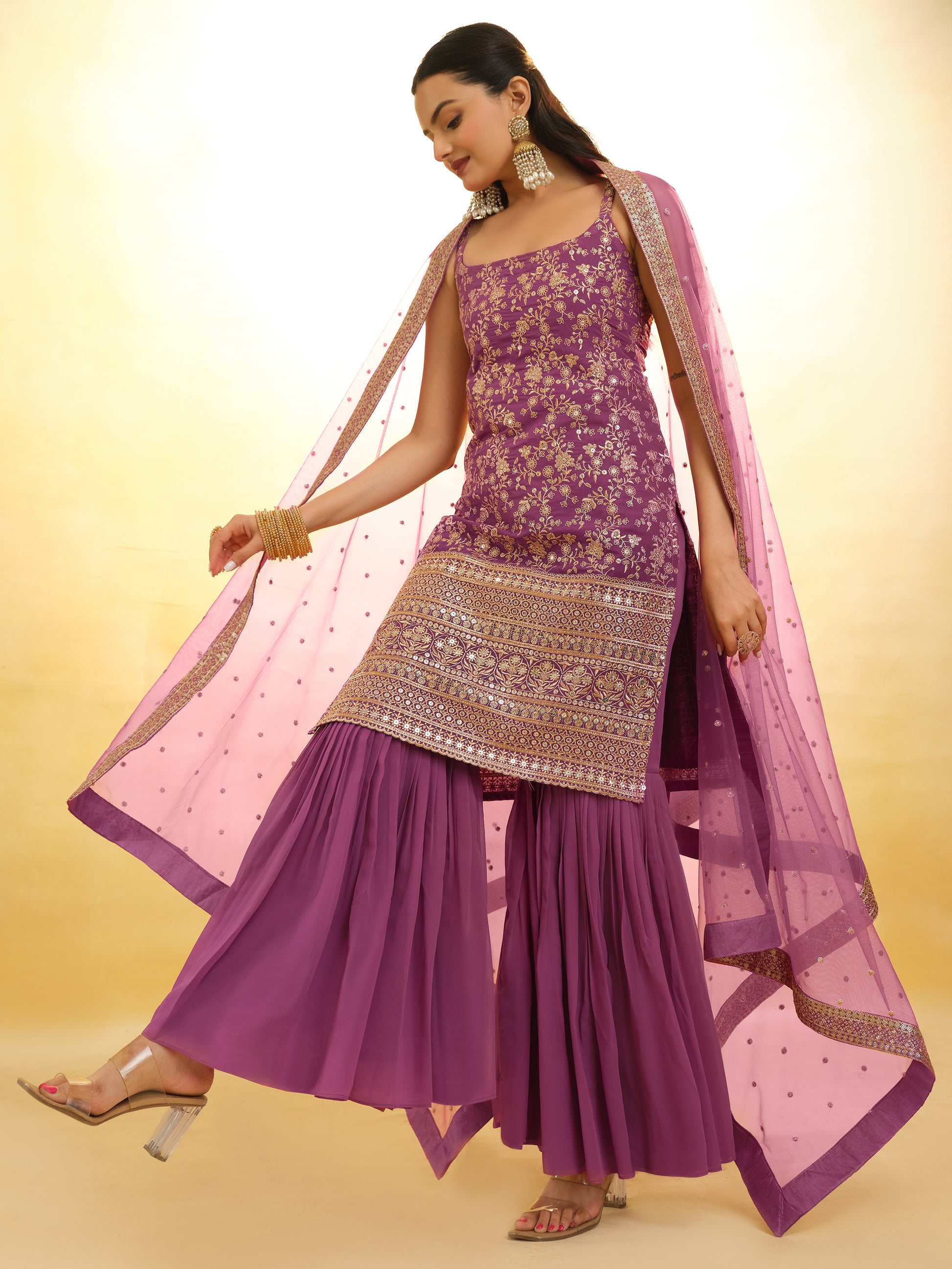Glamorous Purple Embroidered Georgette Wedding Sharara Suit