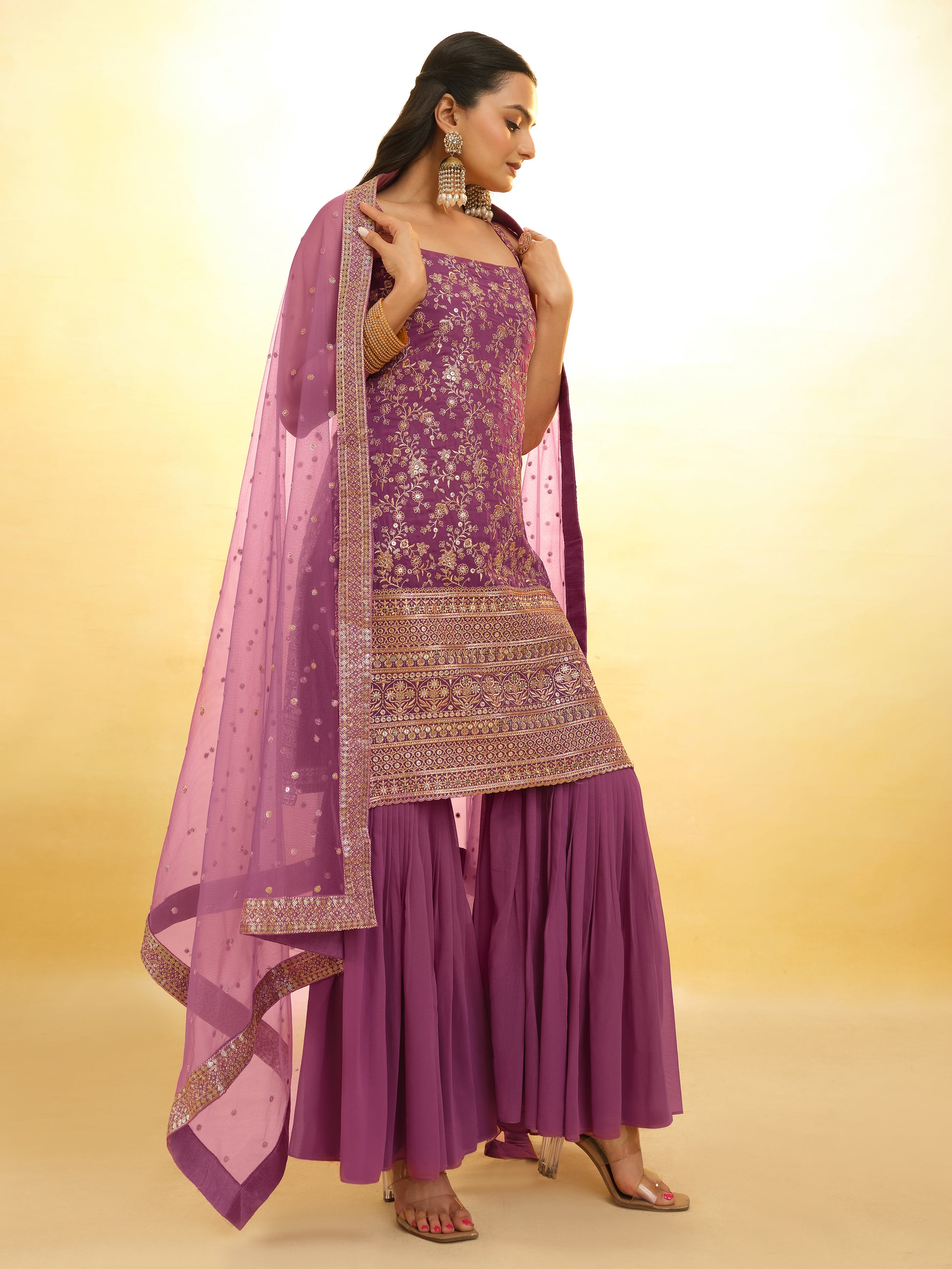 Glamorous Purple Embroidered Georgette Wedding Sharara Suit