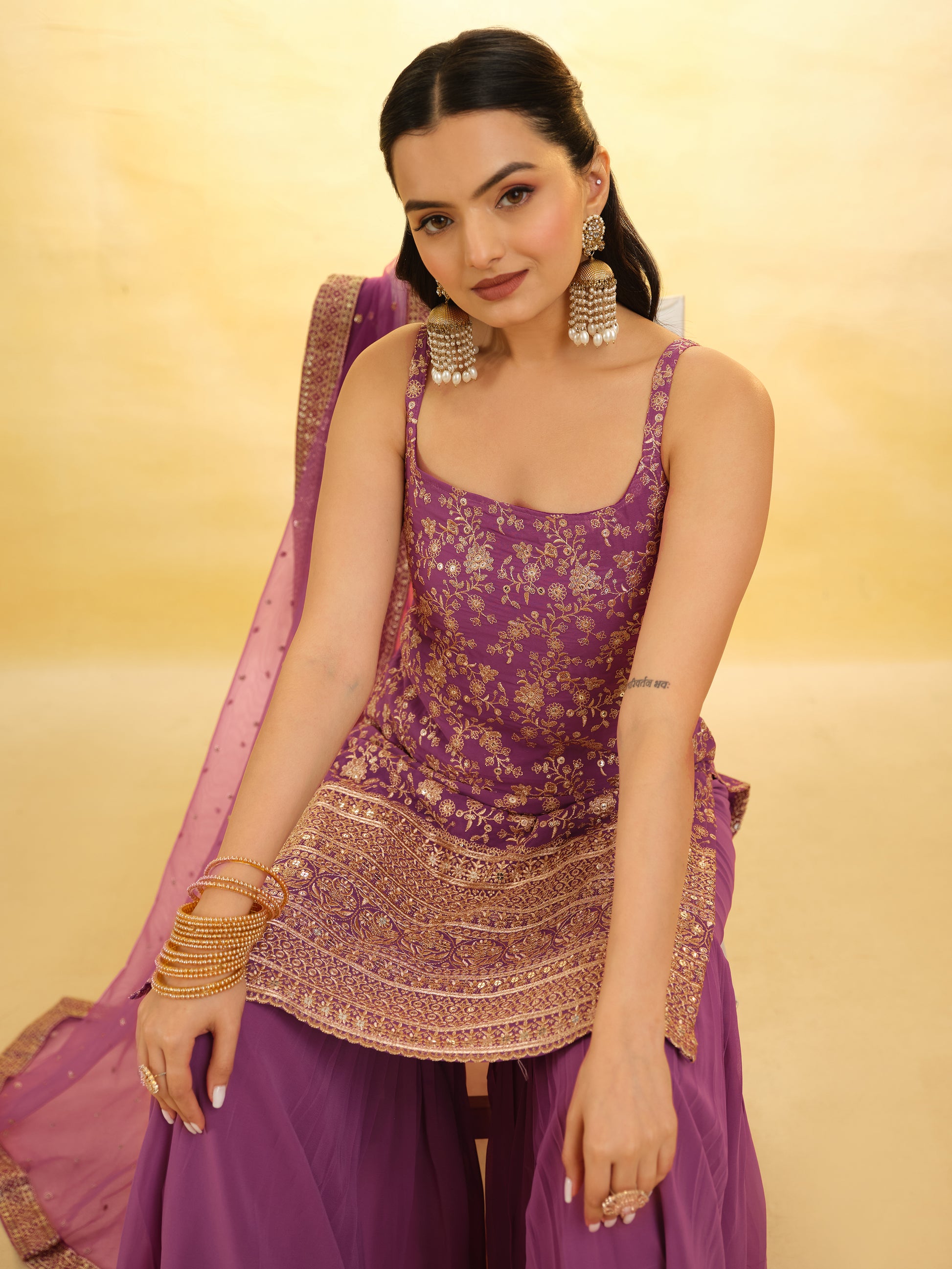 Glamorous Purple Embroidered Georgette Wedding Sharara Suit