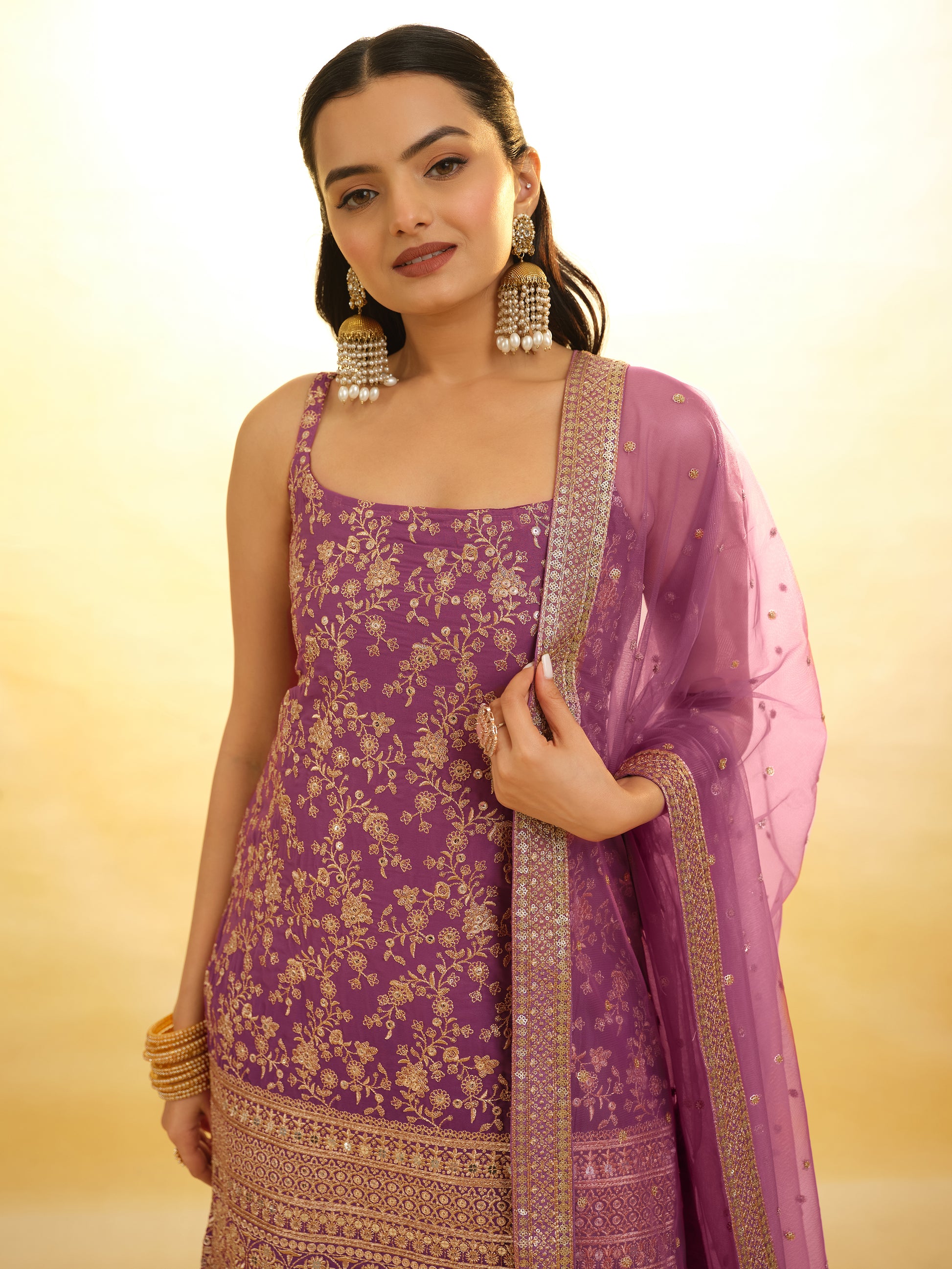Glamorous Purple Embroidered Georgette Wedding Sharara Suit
