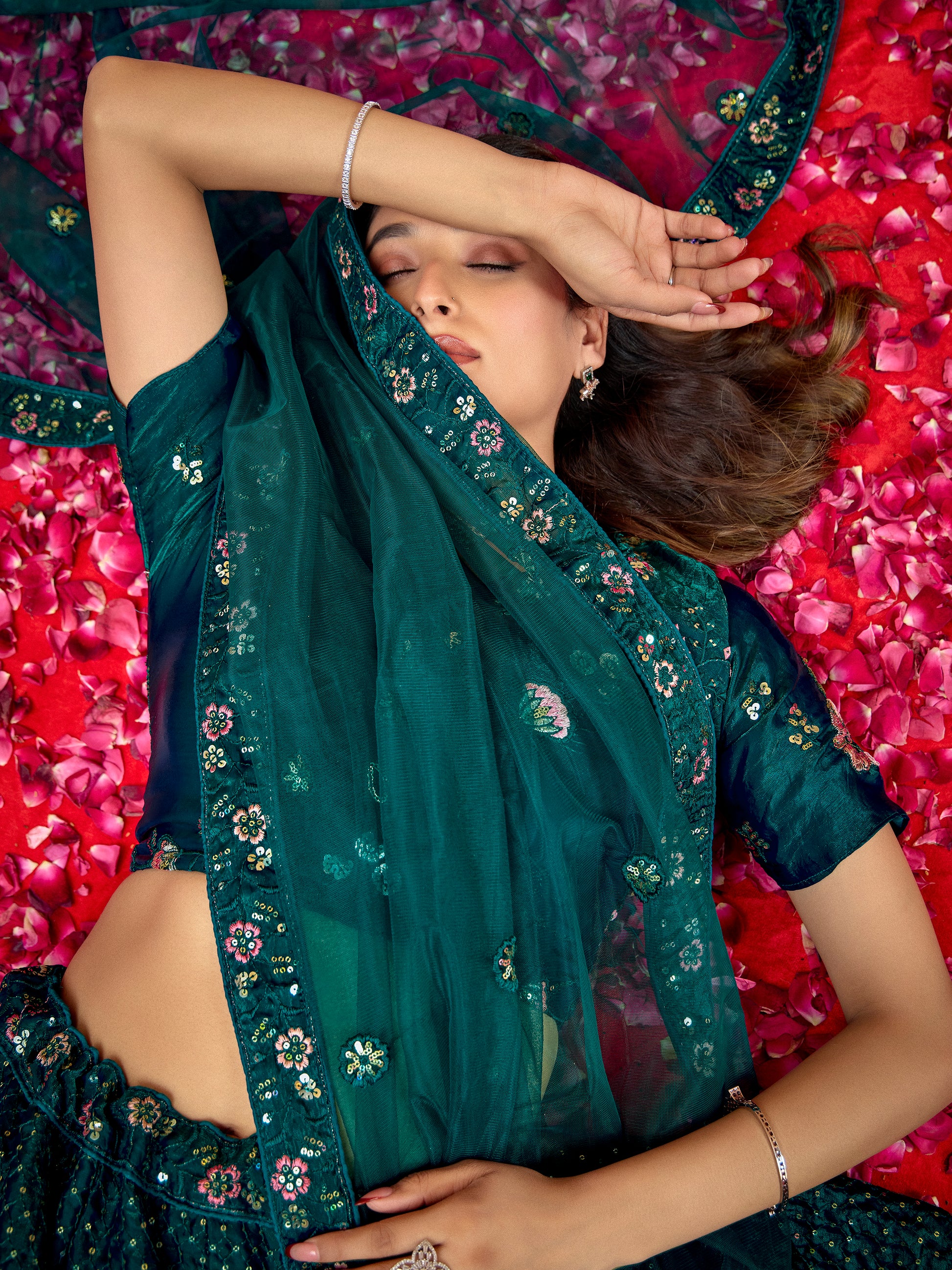 Beautiful Teal Green Thread Embroidered Net Wedding Lehenga Choli With Dupatta