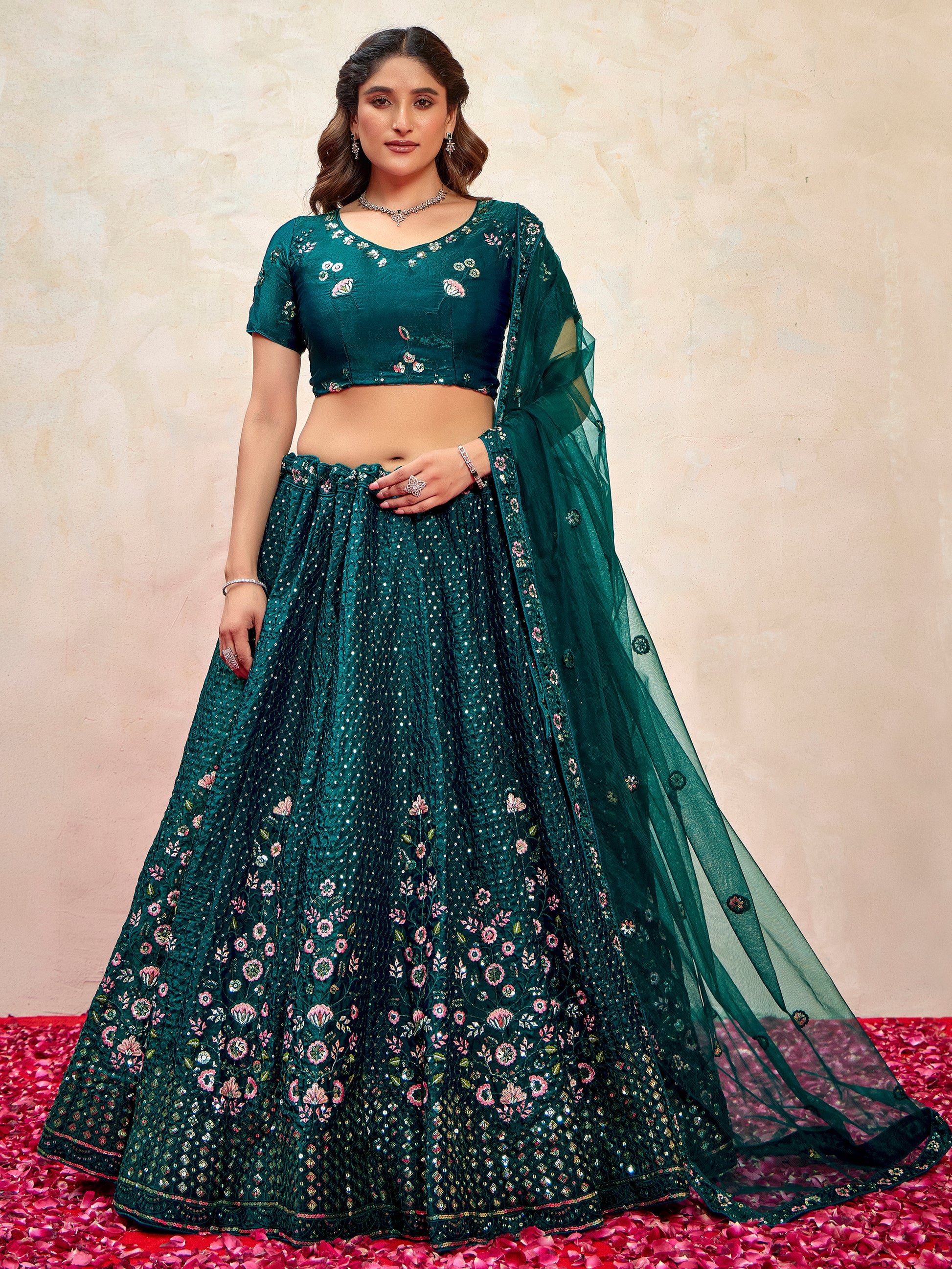 Beautiful Teal Green Thread Embroidered Net Wedding Lehenga Choli With Dupatta