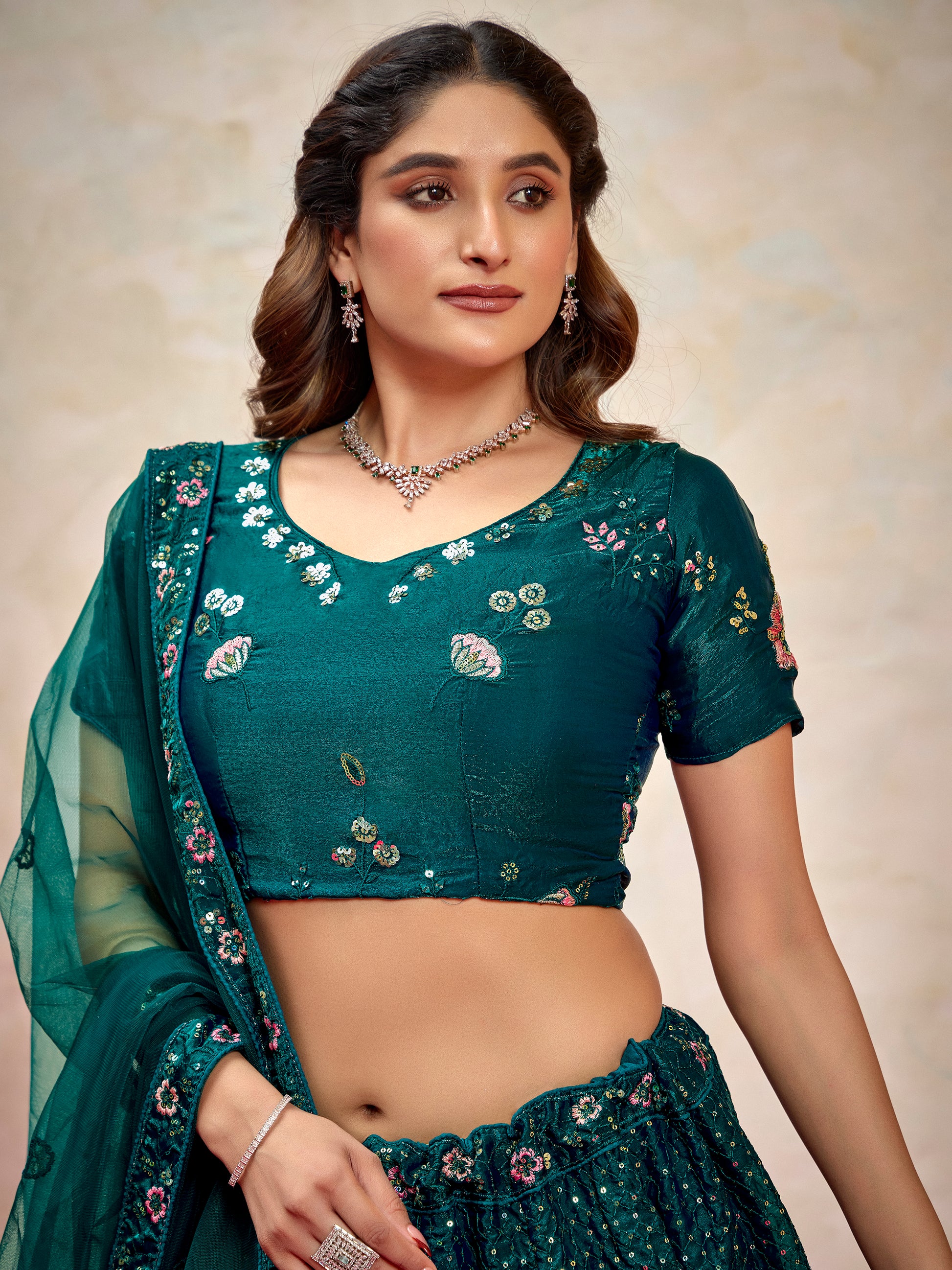 Beautiful Teal Green Thread Embroidered Net Wedding Lehenga Choli With Dupatta
