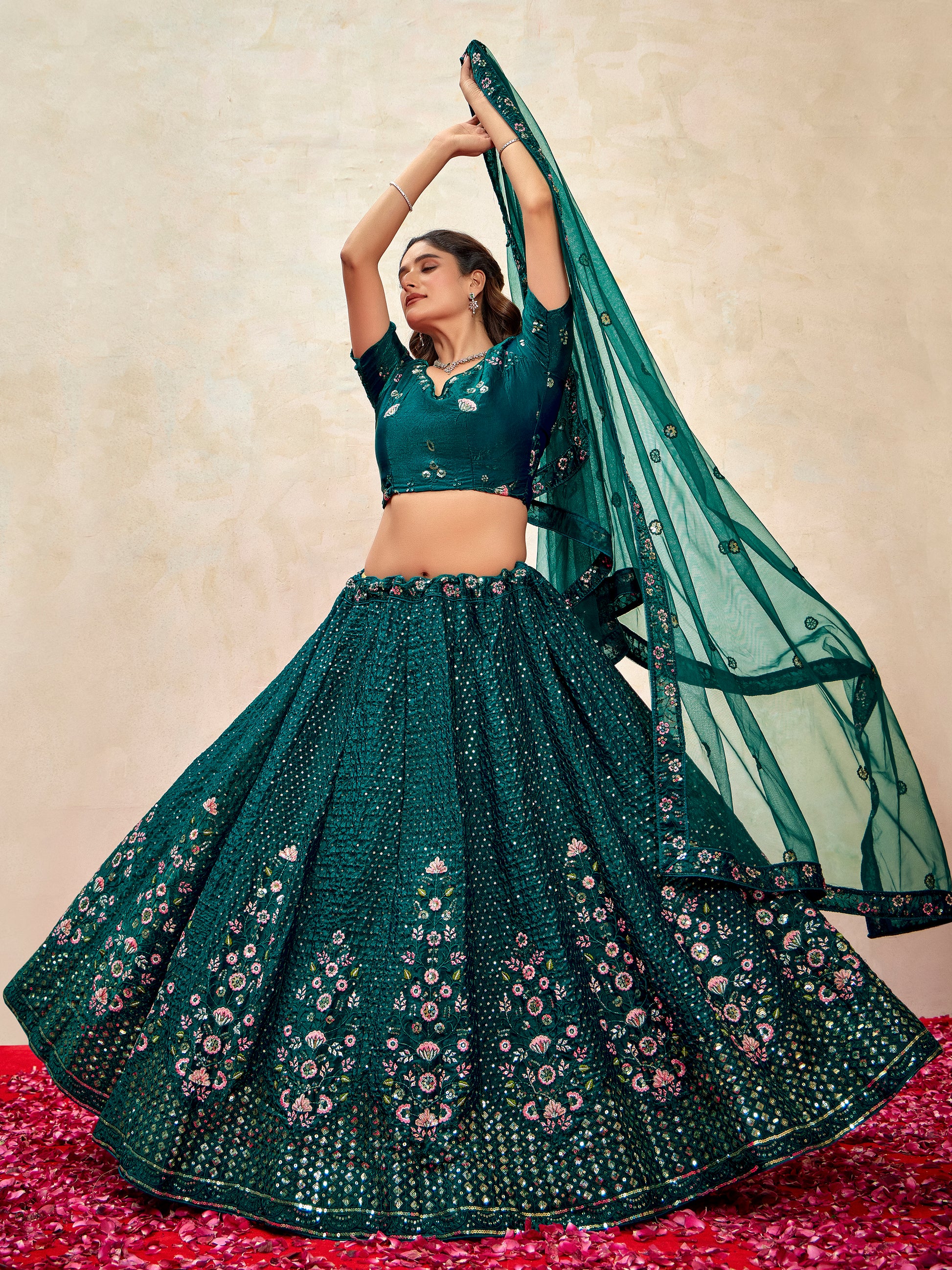 Beautiful Teal Green Thread Embroidered Net Wedding Lehenga Choli With Dupatta