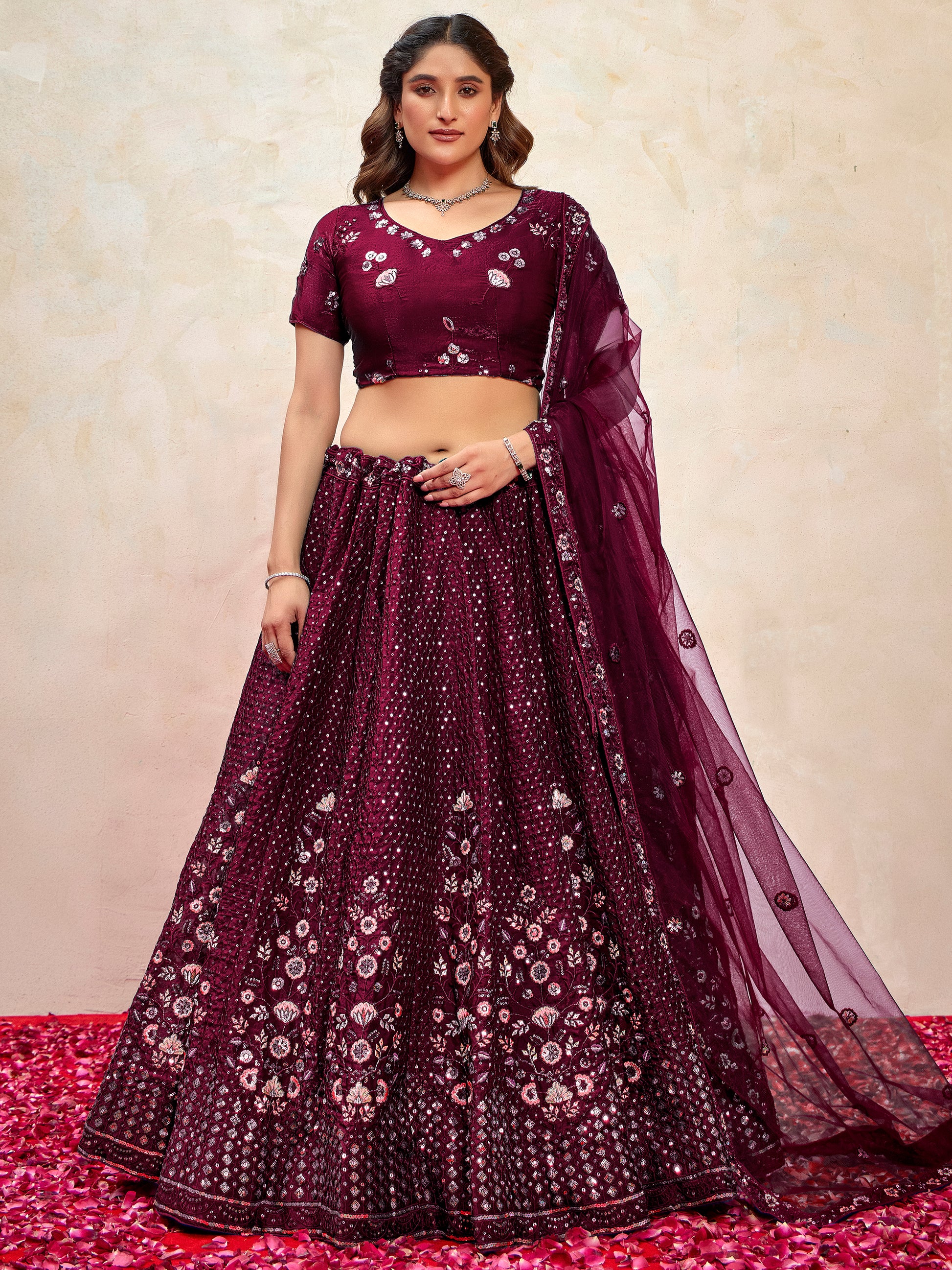 Ravishing Wine Thread Embroidered Net Reception Wear Lehenga Choli With Dupatta