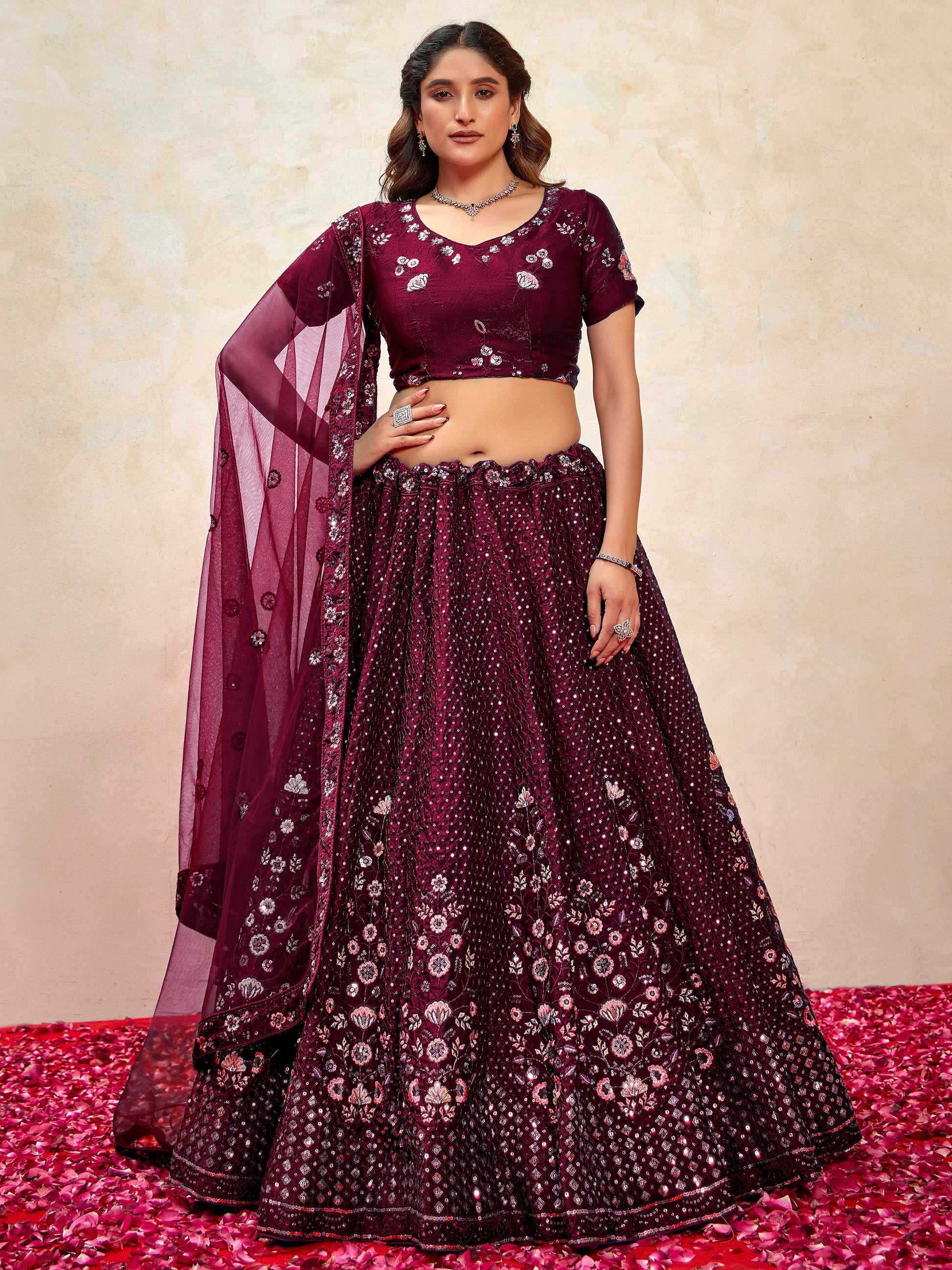 Ravishing Wine Thread Embroidered Net Reception Wear Lehenga Choli With Dupatta