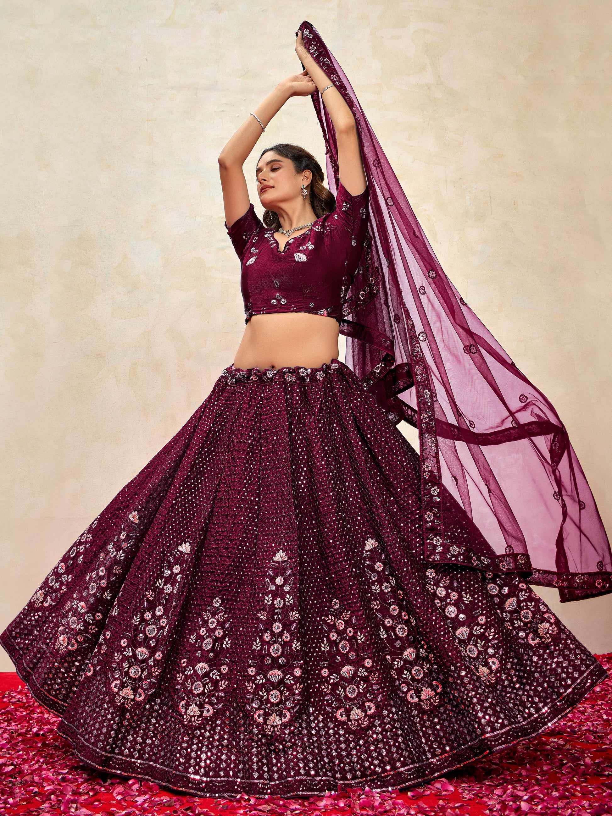 Ravishing Wine Thread Embroidered Net Reception Wear Lehenga Choli With Dupatta