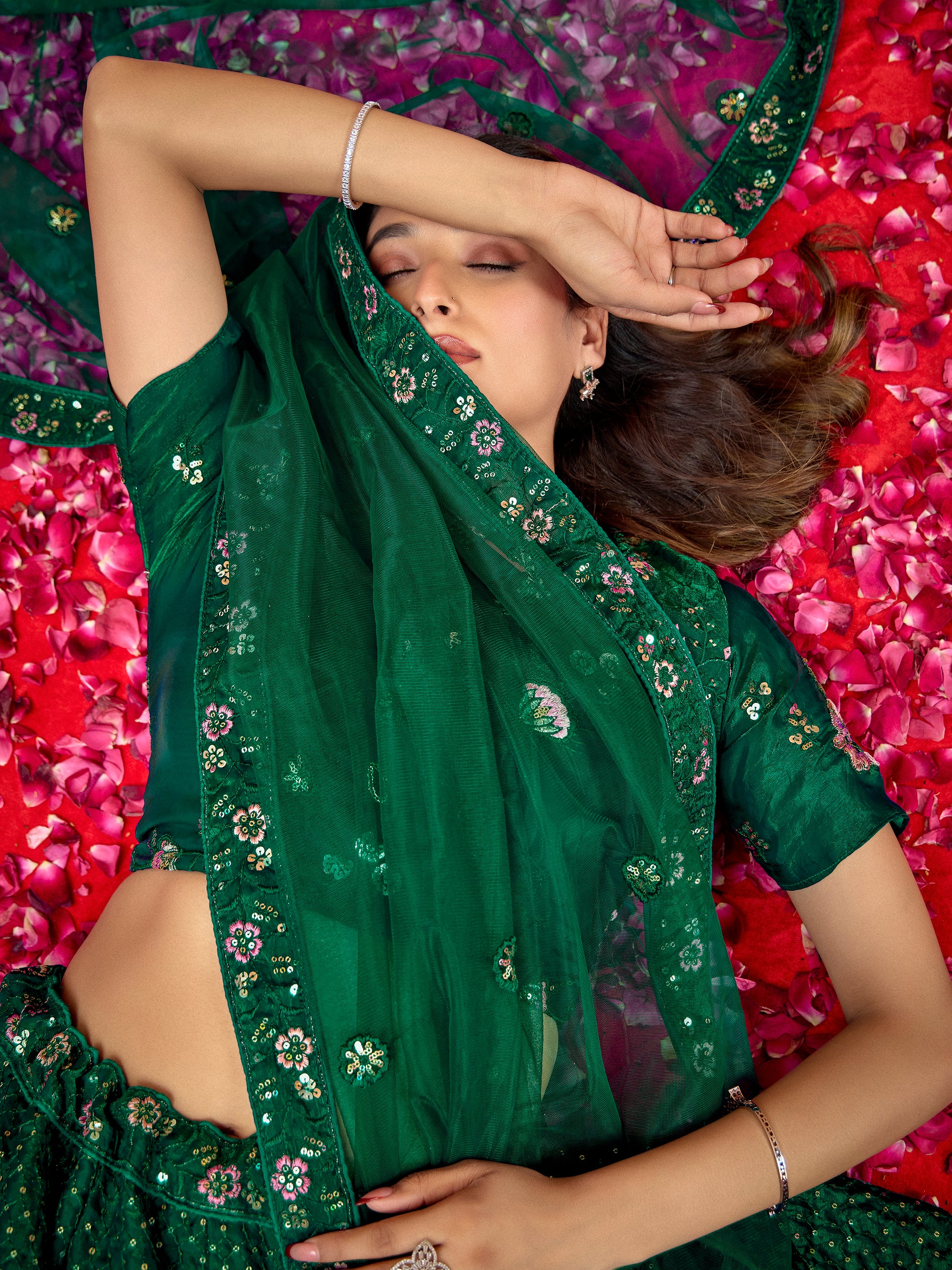 Stunning Green Thread Embroidered Net Mehendi Wear Lehenga Choli With Dupatta