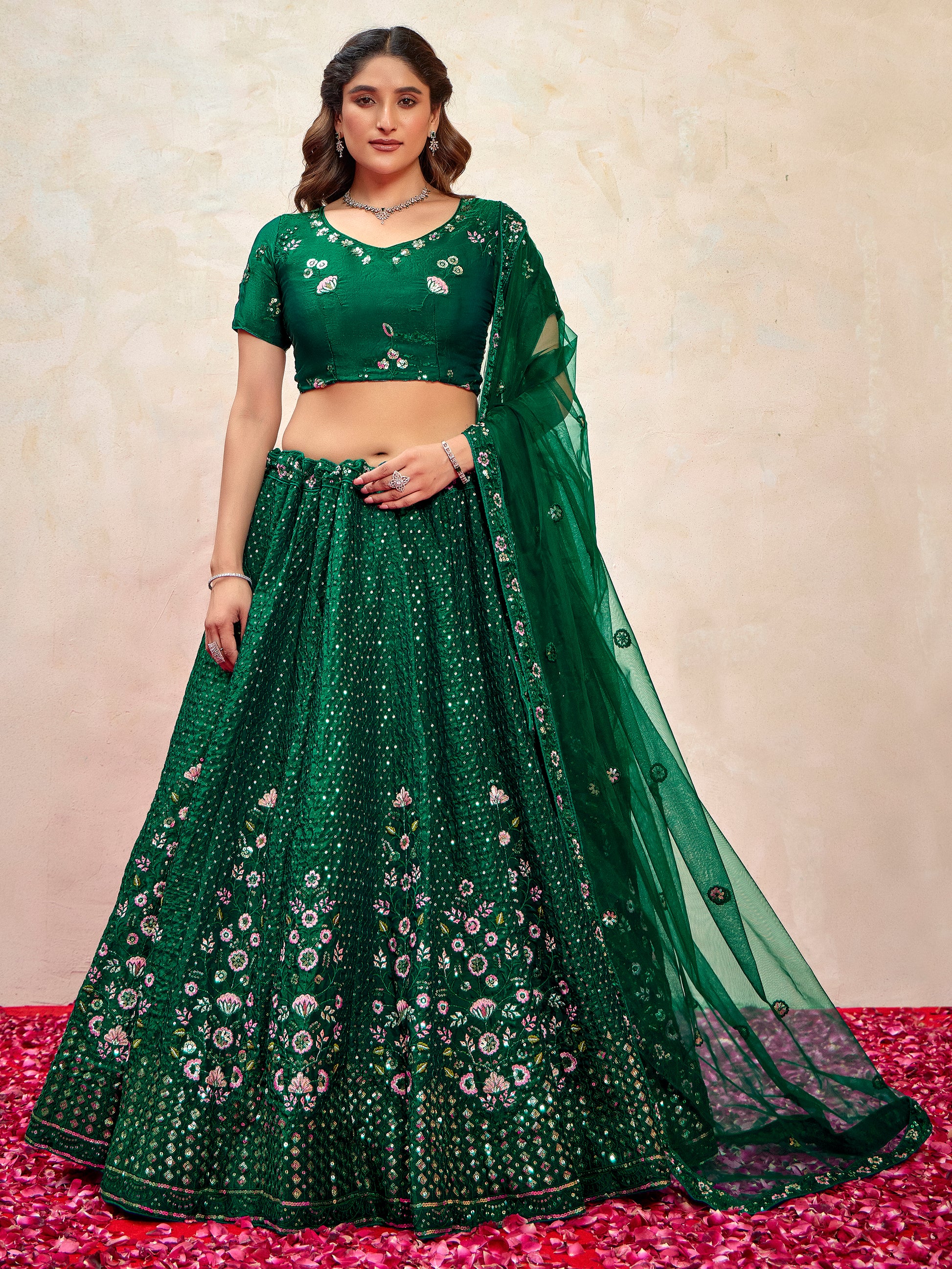 Stunning Green Thread Embroidered Net Mehendi Wear Lehenga Choli With Dupatta