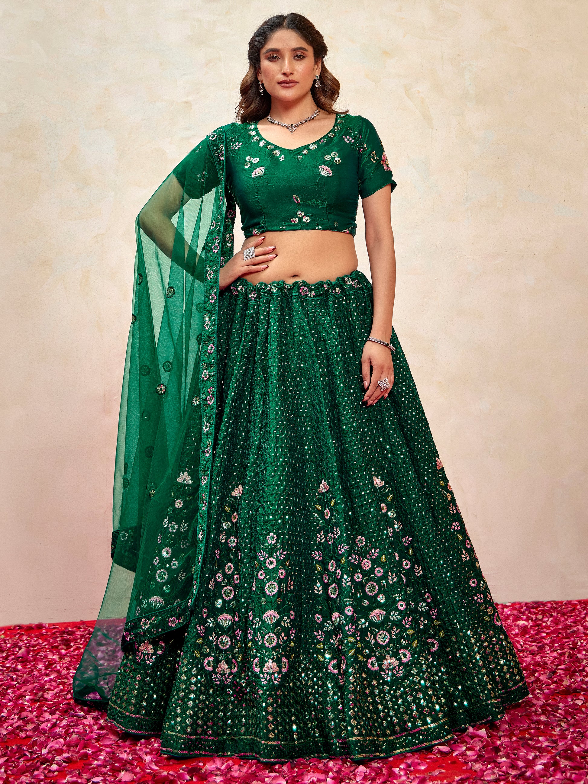 Stunning Green Thread Embroidered Net Mehendi Wear Lehenga Choli With Dupatta