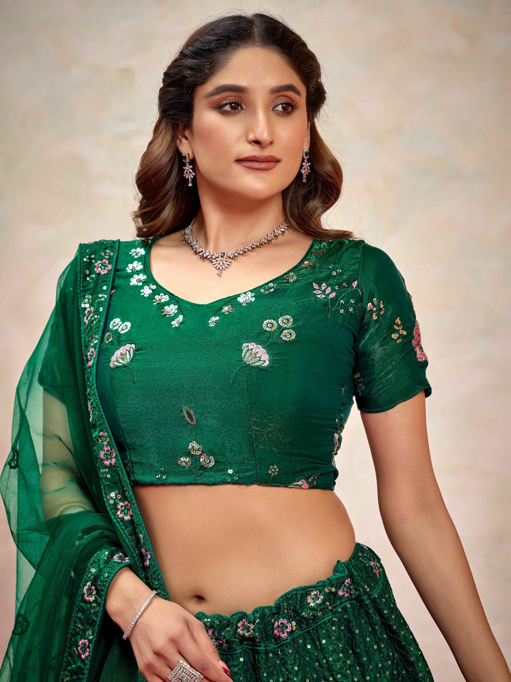 Stunning Green Thread Embroidered Net Mehendi Wear Lehenga Choli With Dupatta
