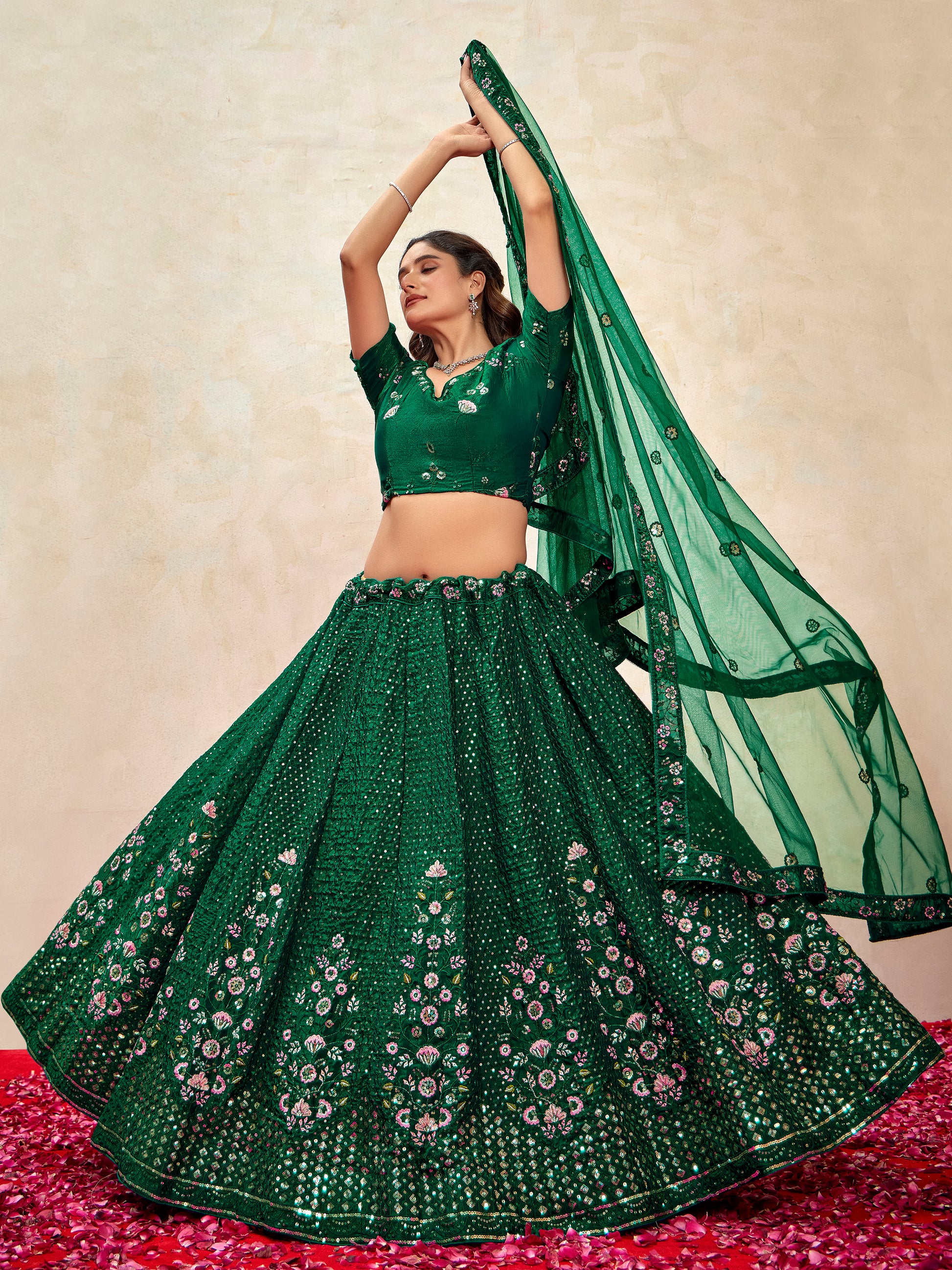 Stunning Green Thread Embroidered Net Mehendi Wear Lehenga Choli With Dupatta