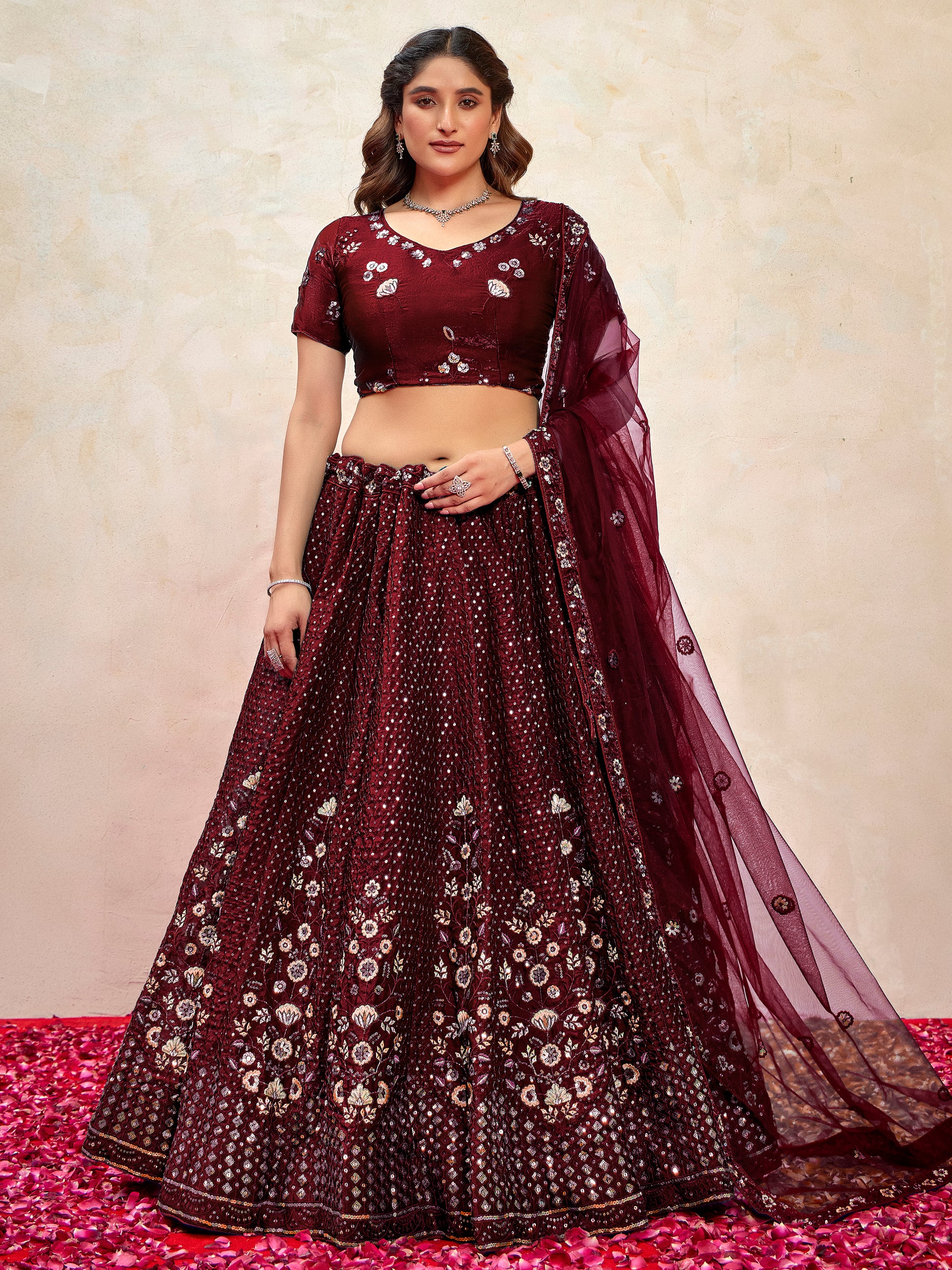 Gorgeous Maroon Thread Embroidered Net Wedding Wear Lehenga Choli With Dupatta