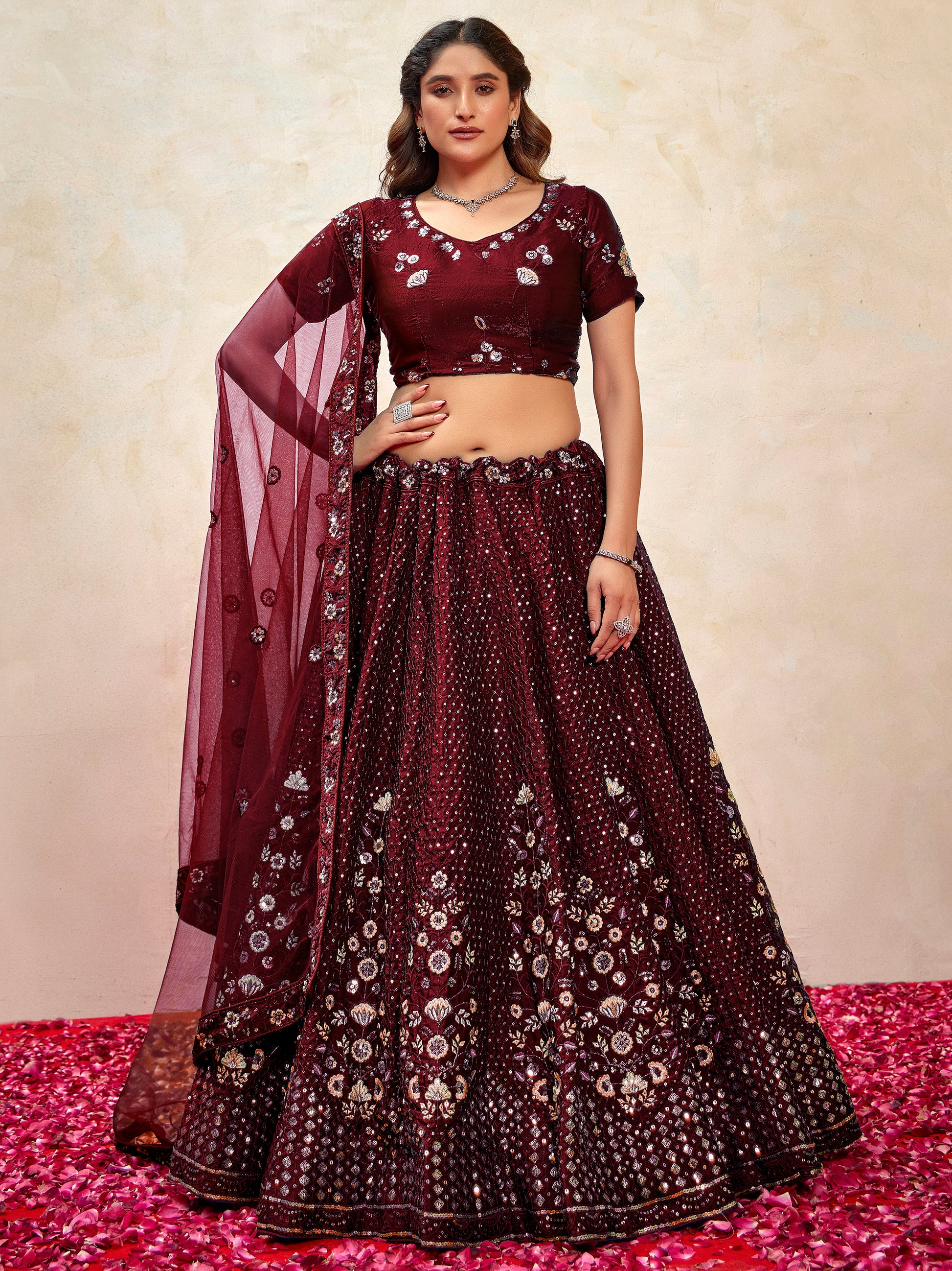 Gorgeous Maroon Thread Embroidered Net Wedding Wear Lehenga Choli With Dupatta