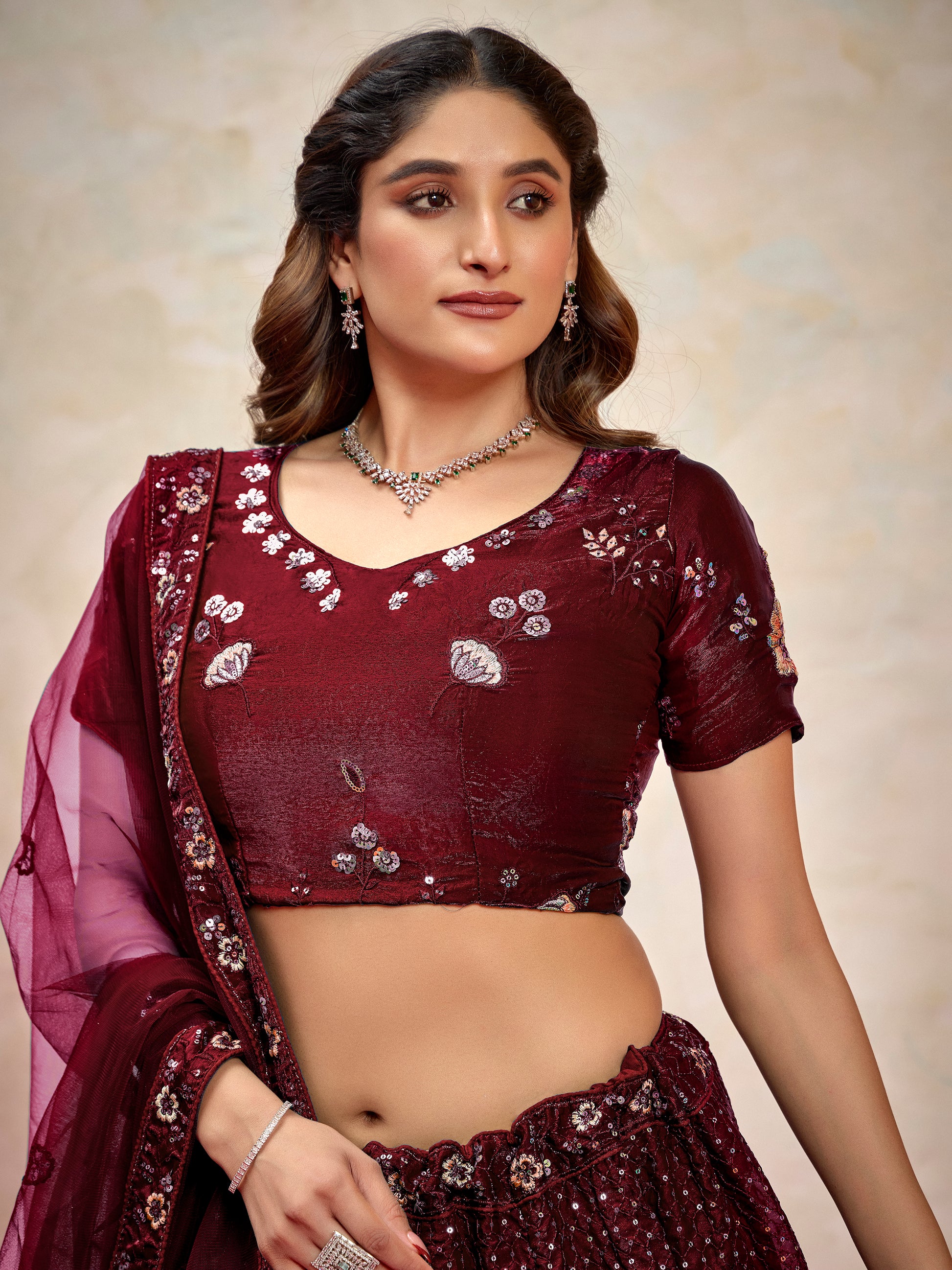 Gorgeous Maroon Thread Embroidered Net Wedding Wear Lehenga Choli With Dupatta
