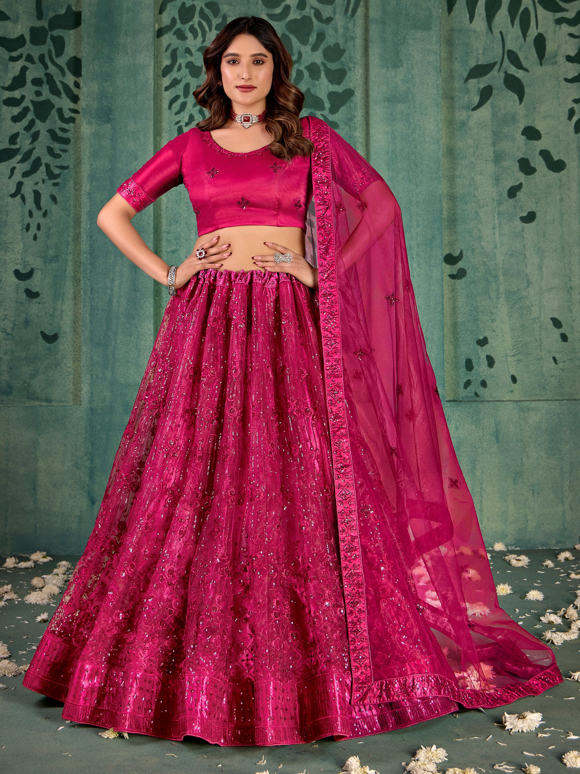 Adorable Pink Sequins Net Bridal Lehenga Choli With Dupatta
