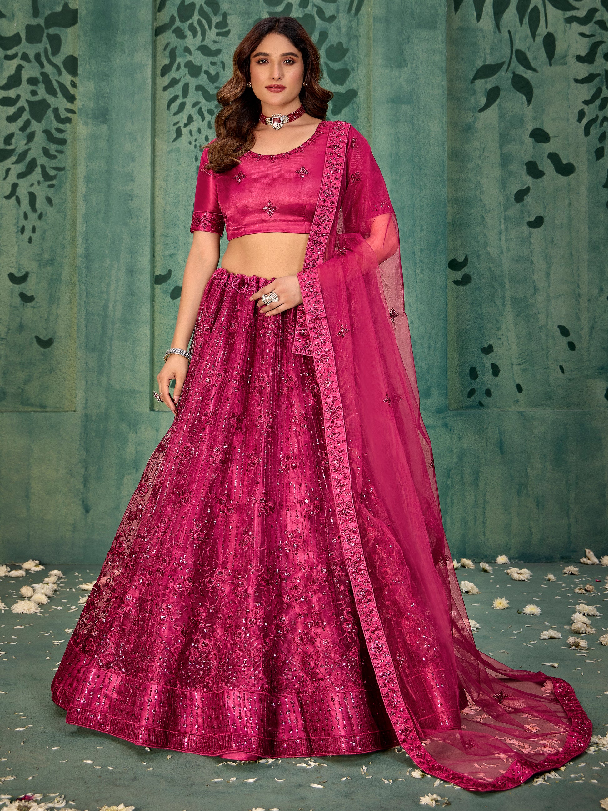 Adorable Pink Sequins Net Bridal Lehenga Choli With Dupatta
