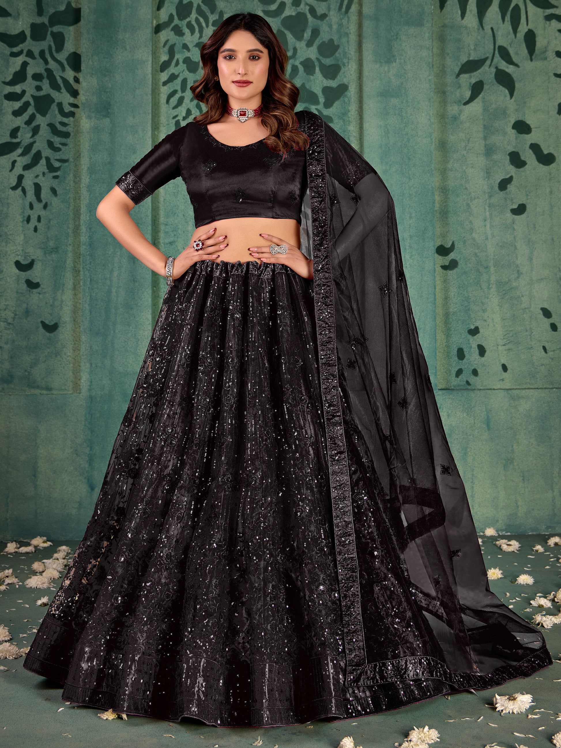 Gorgeous Black Thread Work Net Party Wear Lehenga Choli With Dupatta